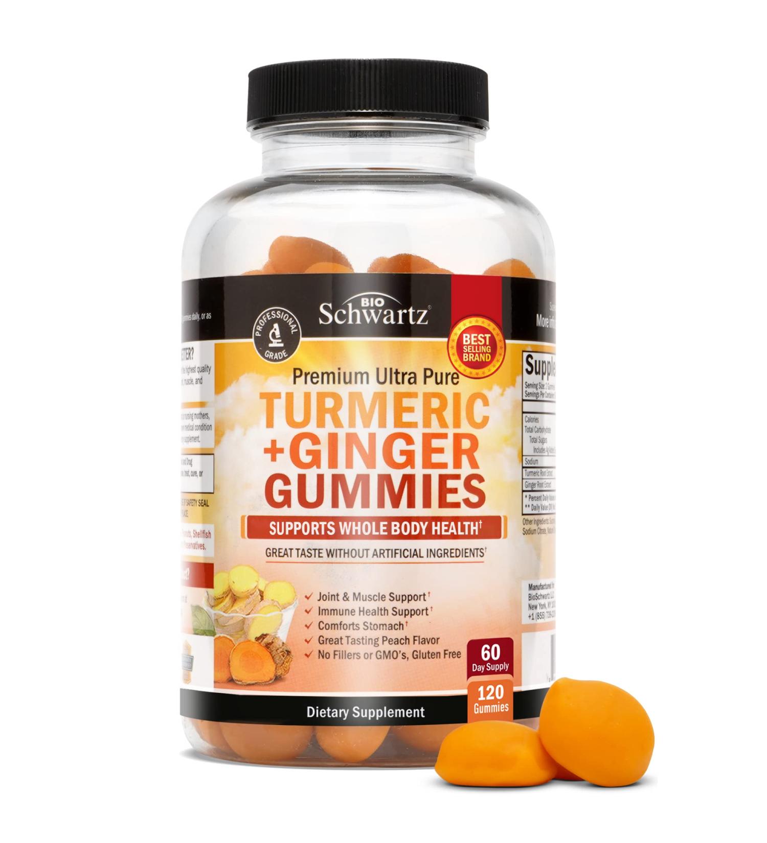 Turmeric Curcumin Ginger Gummies - 120 Count - Vegan Joint Support Supplement - Non-GMO & Made in USA - Peach Flavor - 60 Day Supply - Buy Online on GoSupps.com