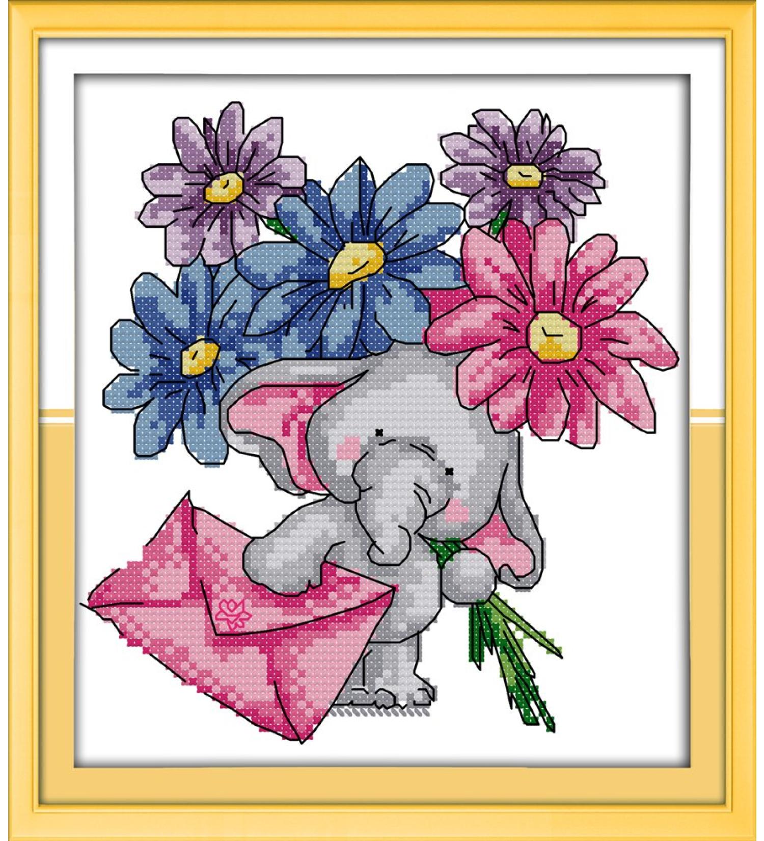 Elephant Cross Stitch Kit - Easy Patterns, Embroidery Supplies, Christmas Gifts - Elephant Messenger Flowers Animals - Awesocrafts - Buy Online on GoSupps.com