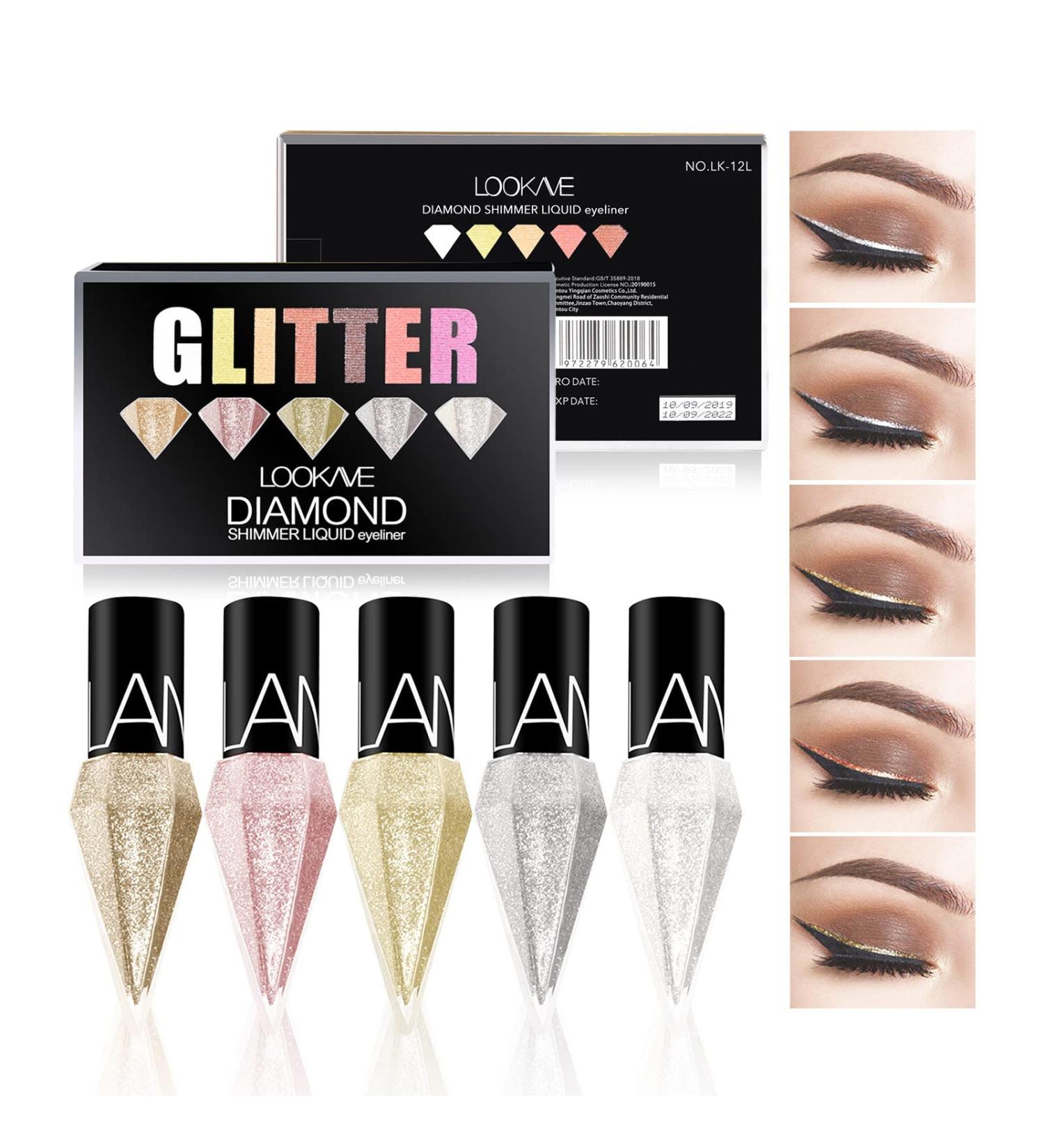 LAMUSELAND Glitter Liquid Eyeliner Set - 5 Colors Metallic Shimmer Pigment Eye Liner Pen - Waterproof Long Lasting Eyeshadow Makeup - Diamond Shape - 5pcs - Buy Online on GoSupps.com