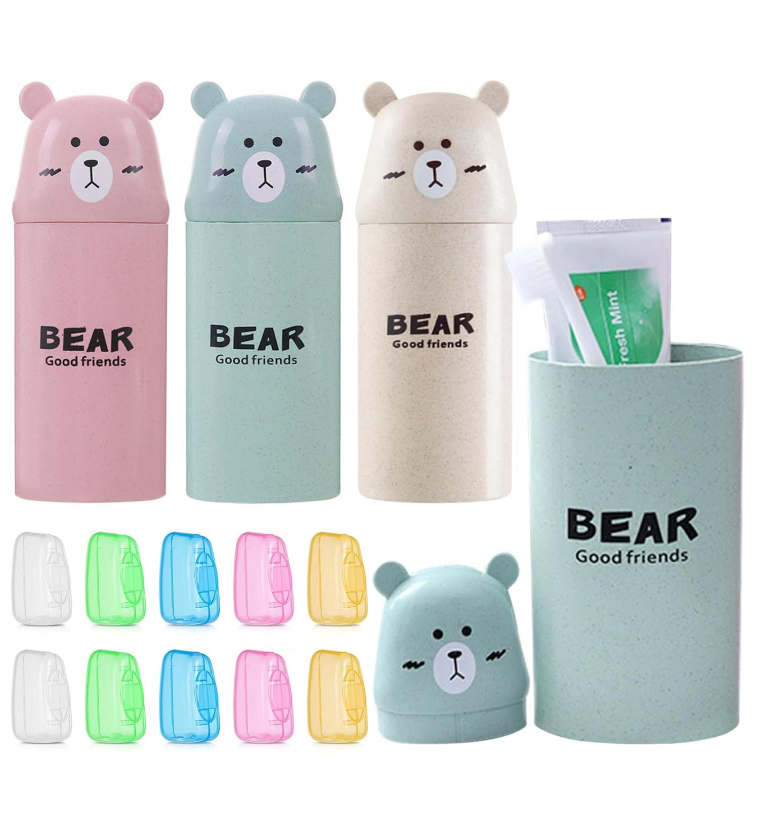 Dbaily Kids Toothbrush Set - 3 Travel Toothbrushes & Case | Waterproof Bear Design for Camping & School - Pink Green Beige - Buy Online on GoSupps.com