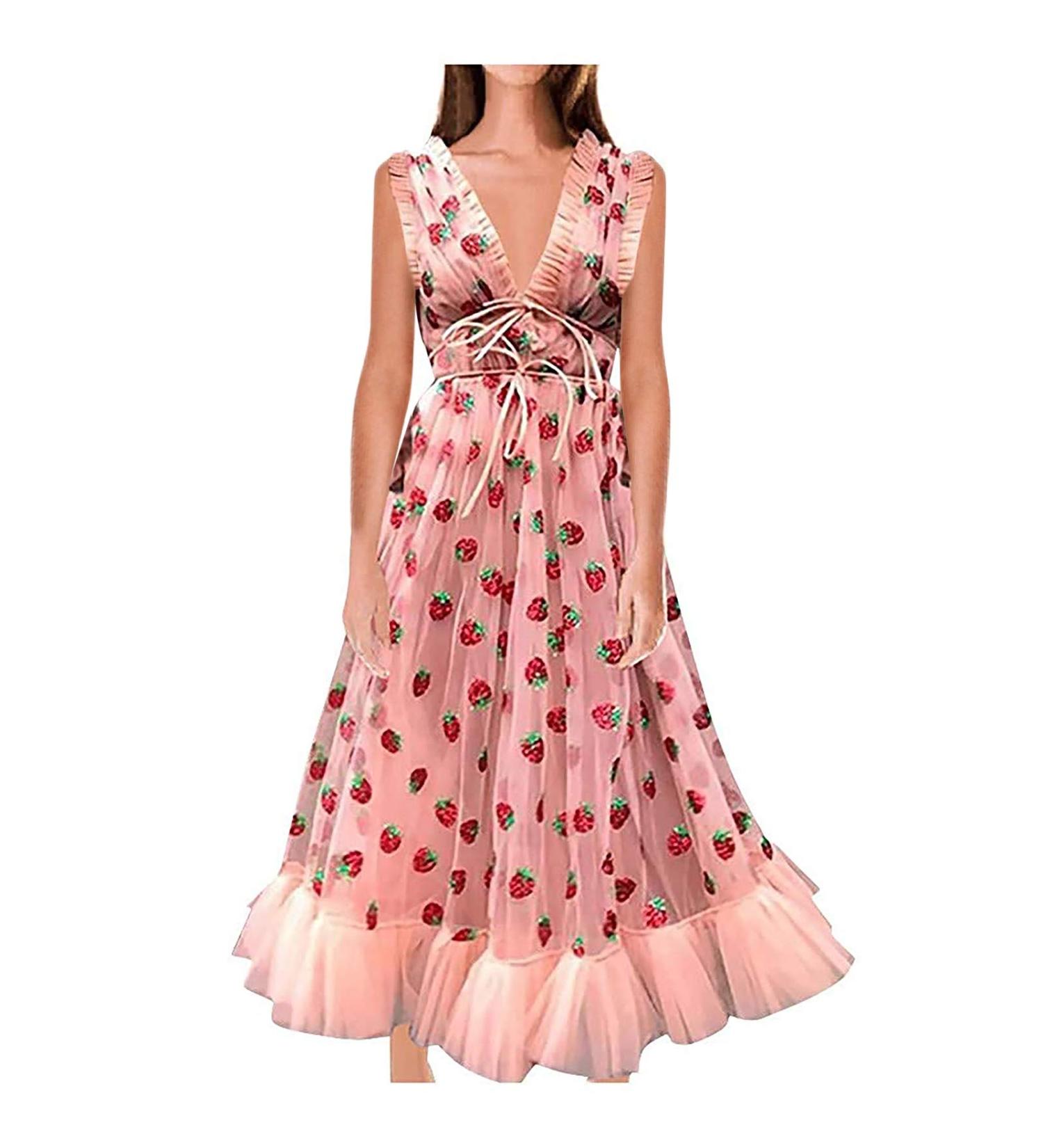 UIKMNh Teen Girls Glitter Strawberry Tea Dress - Sleeveless V-Neck Summer Dress (Strawberry Pink, Small) - Buy Online on GoSupps.com