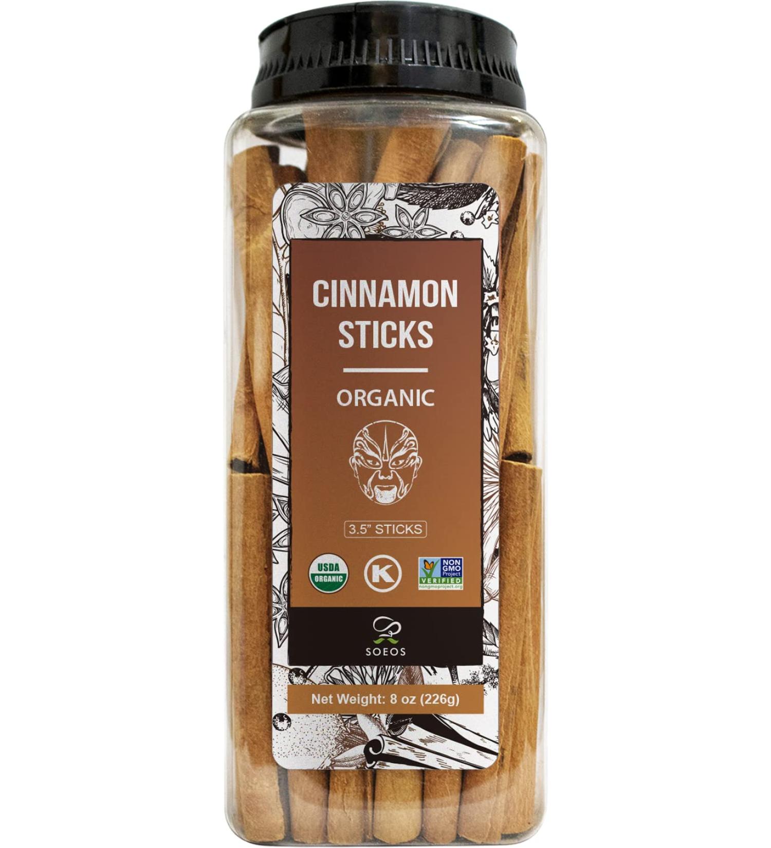 Soeos Organic Cinnamon Sticks 8 oz (226g) - Ground Cinnamon for Baking, Cooking & Beverages - Non-GMO, Kosher Certified - 100% Raw Cinnamon Seasoning Spice - Buy Online on GoSupps.com