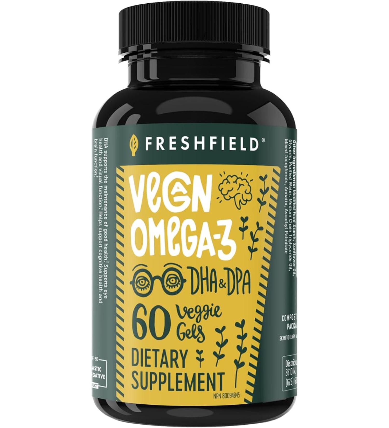 Freshfield Vegan Omega 3 DHA Supplement - Premium Algae Oil - 2 Month Supply - Plant Based & Mercury Free - Supports Heart, Brain, Joint Health - 60 Count - Buy Online on GoSupps.com