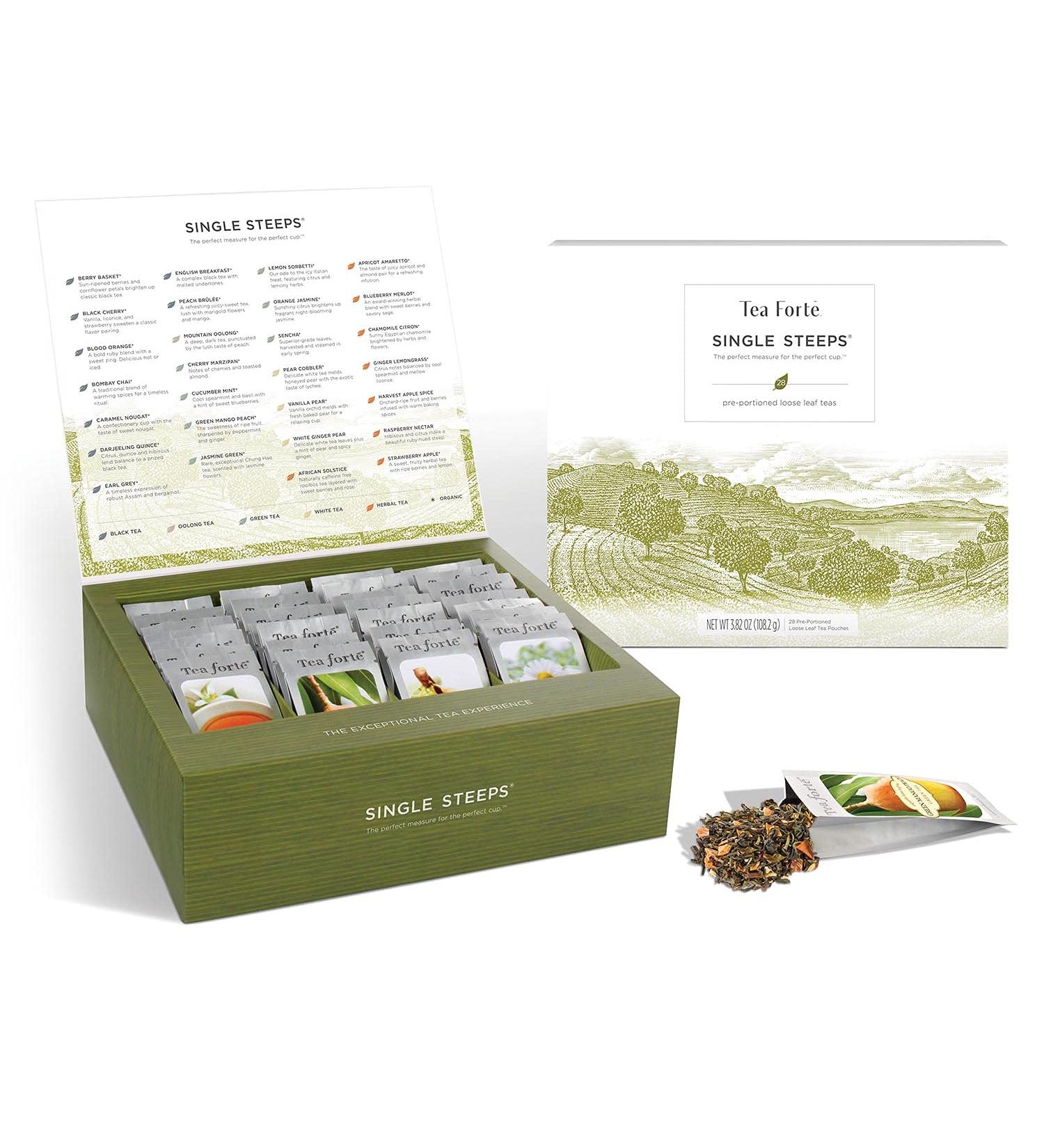 Tea Forte Assorted Tea Gift Set - 28 Loose Leaf Teas in Single Steeps Tea Chest - Classic Flavored Assortment - Buy Online on GoSupps.com