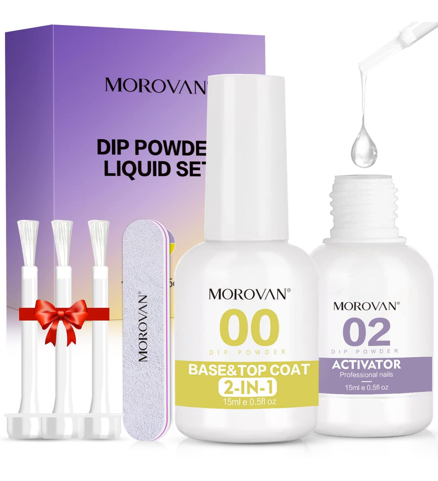 Morovan 2 in 1 Dip Powder Liquid Set - Base & Top Coat with Activator | Dipping Powder Nail Kit Starter | Fast Dry - No Lamp Needed - Buy Online on GoSupps.com