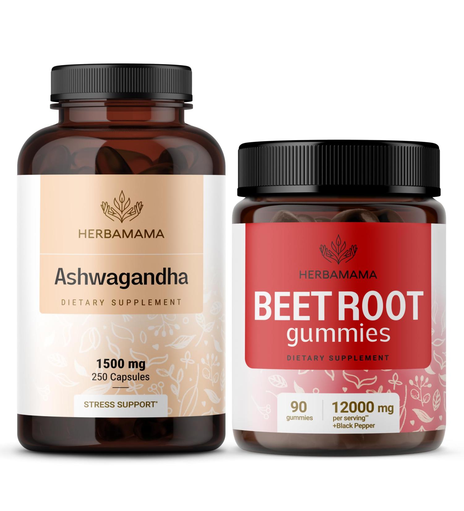 HERBAMAMA Ashwagandha and Beet Root Kit - Bundle of 1500 mg Ashwagandha Root Capsules & 1500 mg Beet Root Gummies - Vegan Non-GMO Gelatin-Free - 2 Pack - Buy Online on GoSupps.com