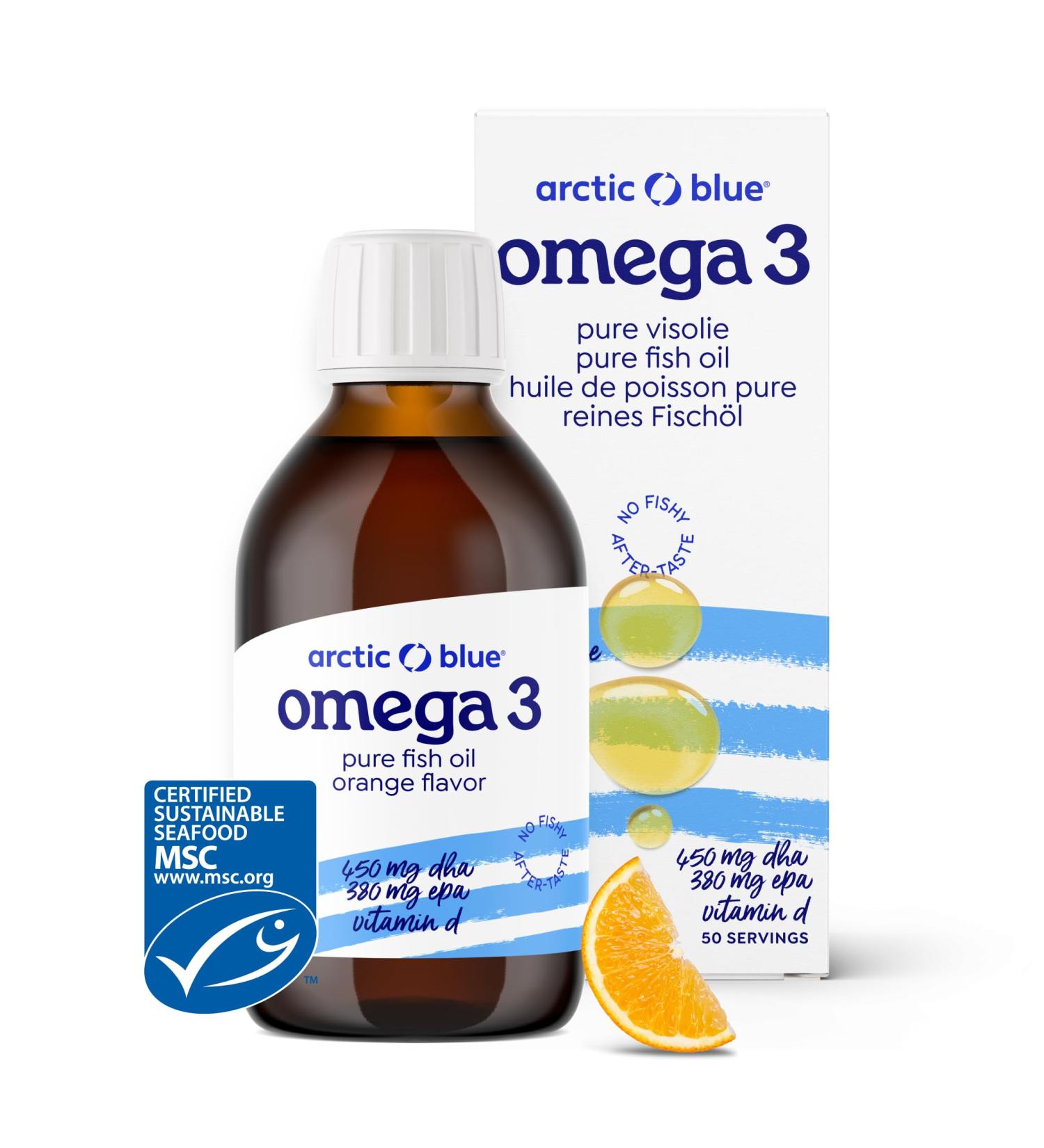 Arctic Blue Omega 3 Fish Oil 250ml - MSC Certified High DHA & EPA No Fish Smell Orange Flavor - Buy Online on GoSupps.com