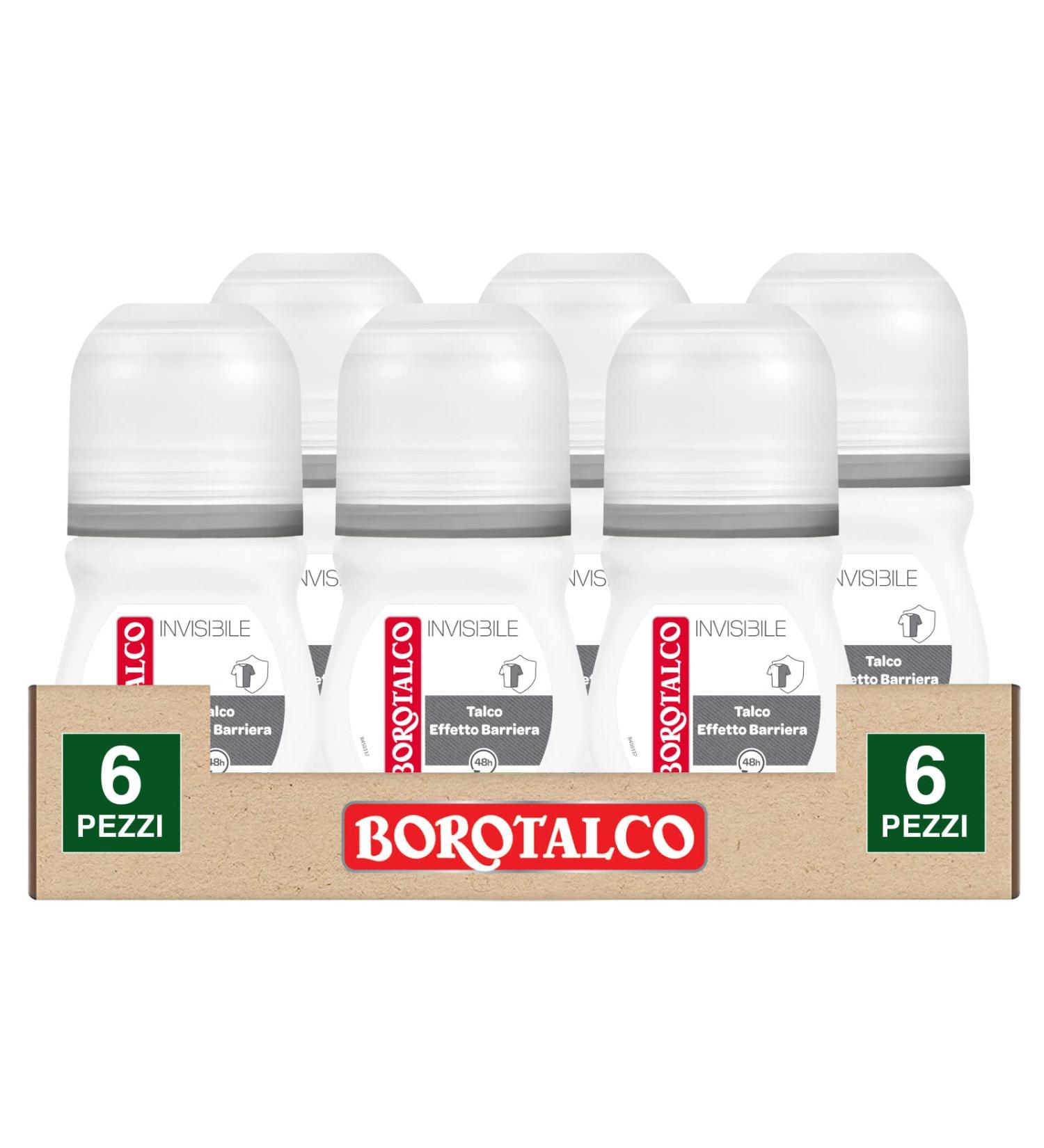 Borotalco Borotalco Roll On Invisible Deo 48h Deodorant with Talc Effect Dry Barrier Effect Stain Free Alcohol Free Talcum Scent - 6 x 50ml Bottles