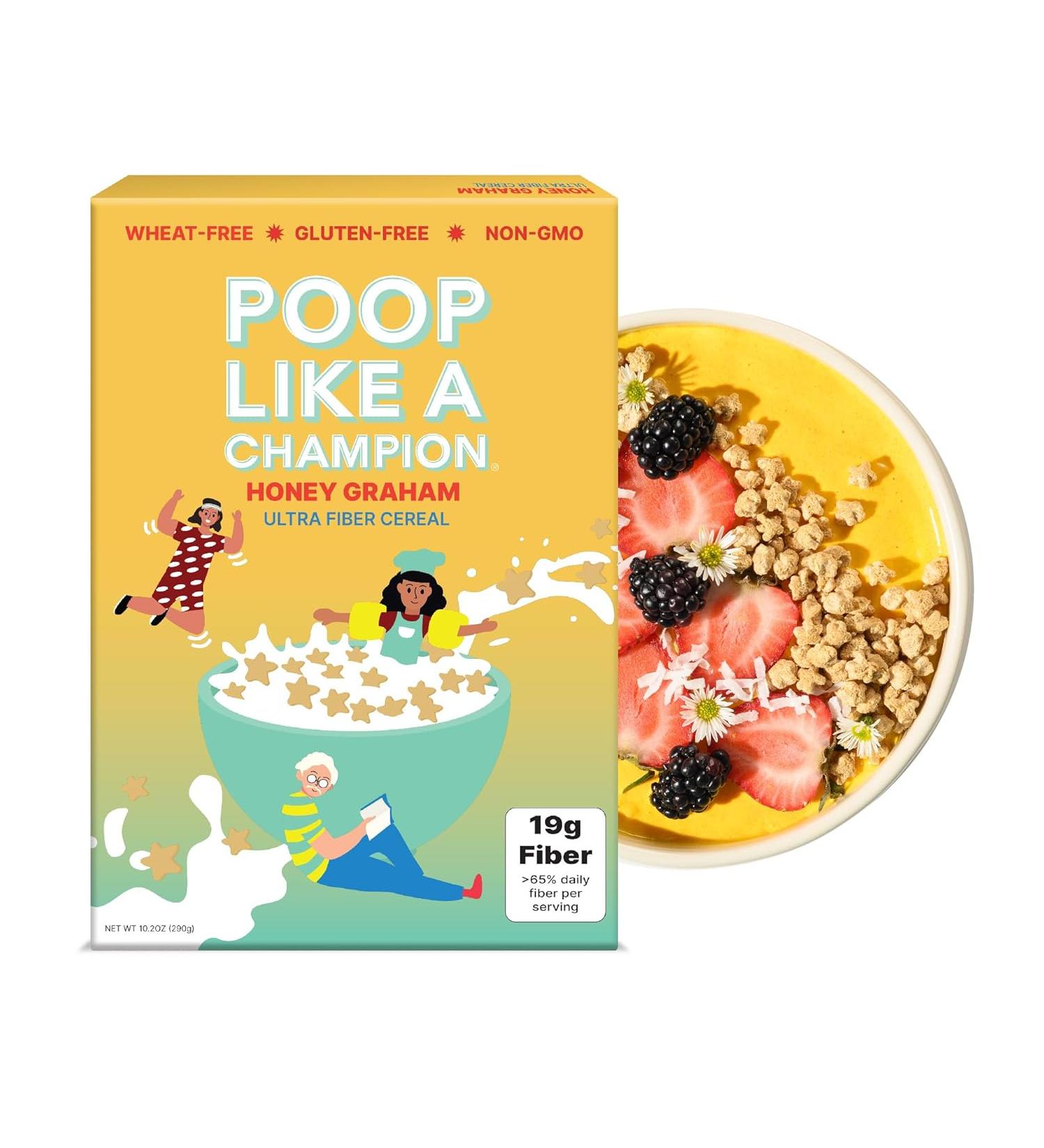 Poop Like a Champion High Fiber Cereal Honey Graham Healthy Low Carb Cereal with Soluble Fiber & Psyllium Husk 19g Fiber Natural Constipation Relief for Adults & Kids - Buy Online on GoSupps.com