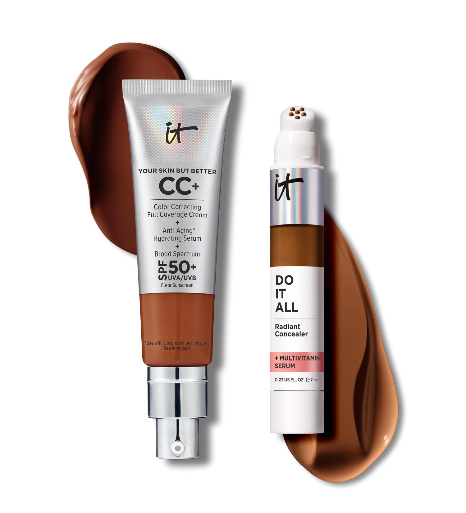 IT Cosmetics CC+ Cream with SPF 50+ Natural Finish Full Coverage Foundation (Deep - 1.08 fl oz) & Do It All Radiant Concealer Multivitamin Serum Makeup (605 Deep Warm - 0.2 fl oz) - Buy Online on GoSupps.com