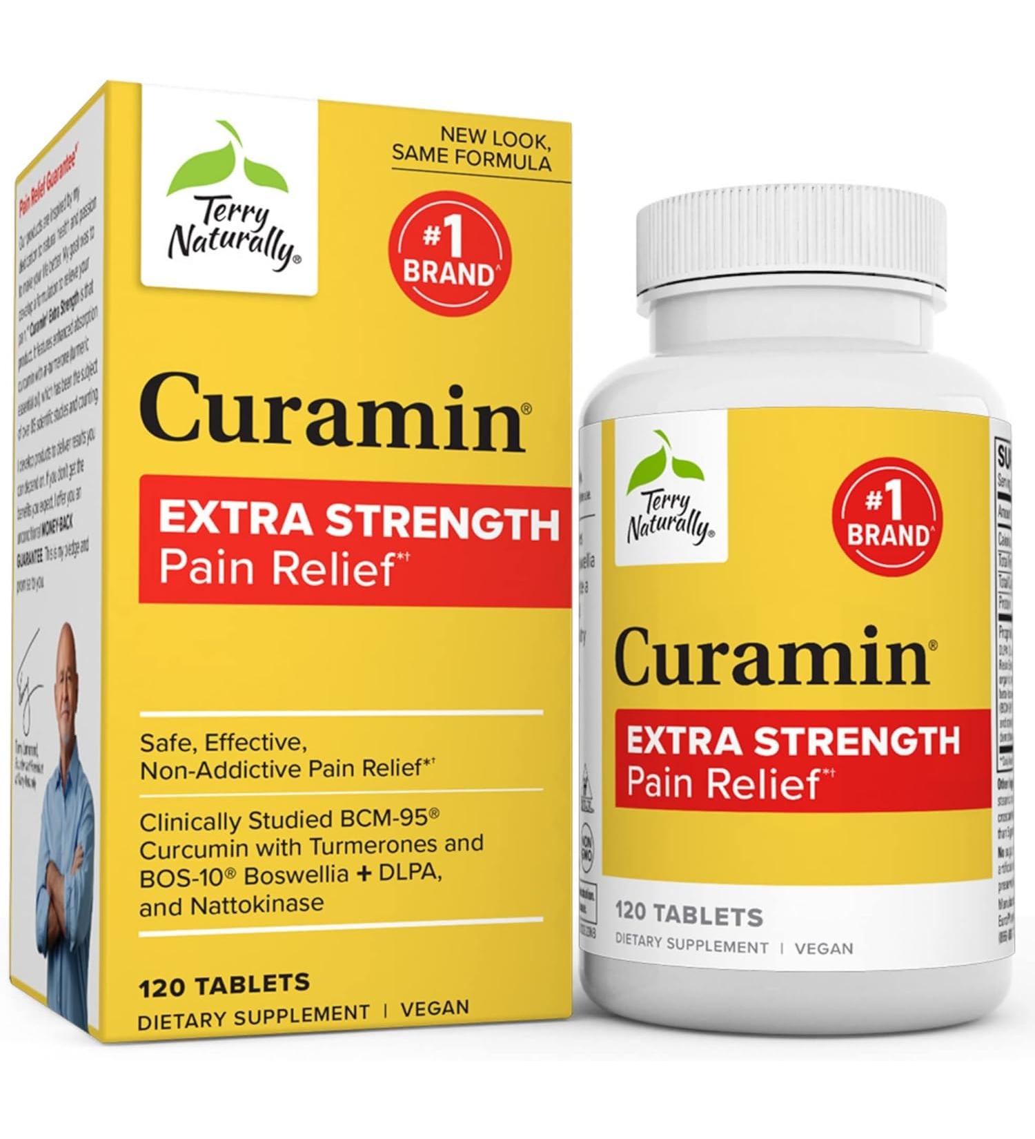 Terry Naturally Curamin Extra Strength - 120 Tablets - Natural Non-Addictive Pain Relief Supplement with Curcumin, Boswellia, DLPA & Nattokinase - Non-GMO, Vegan - 40 Servings - Buy Online on GoSupps.com