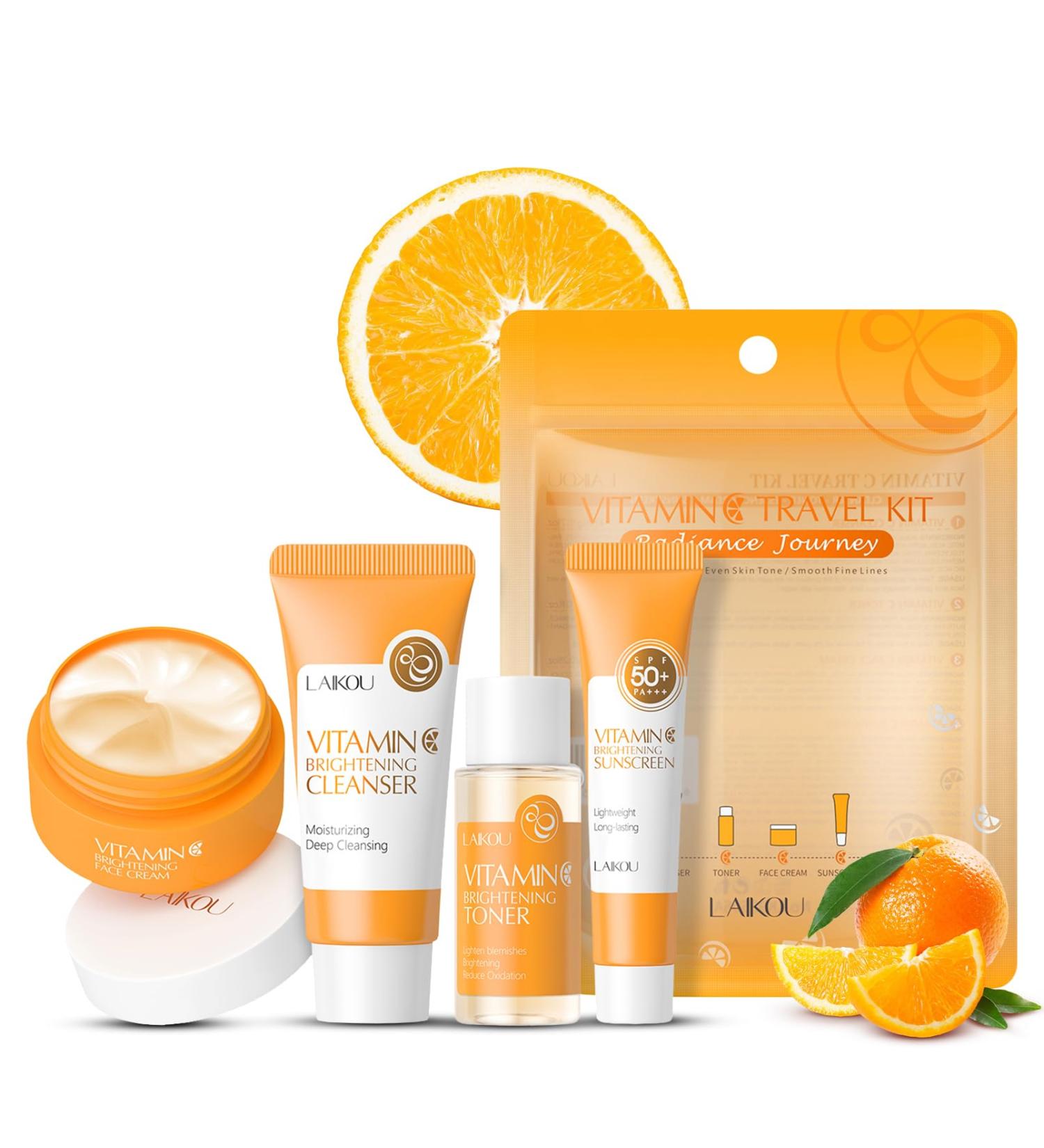 Vitamin C Travel Skincare Set | 4-Pack Face Routine Kit for Teenage Girls & Women | Cleanser Toner Face Cream Sunscreen SPF50 - Perfect Travel Essentials Gift Set - Buy Online on GoSupps.com