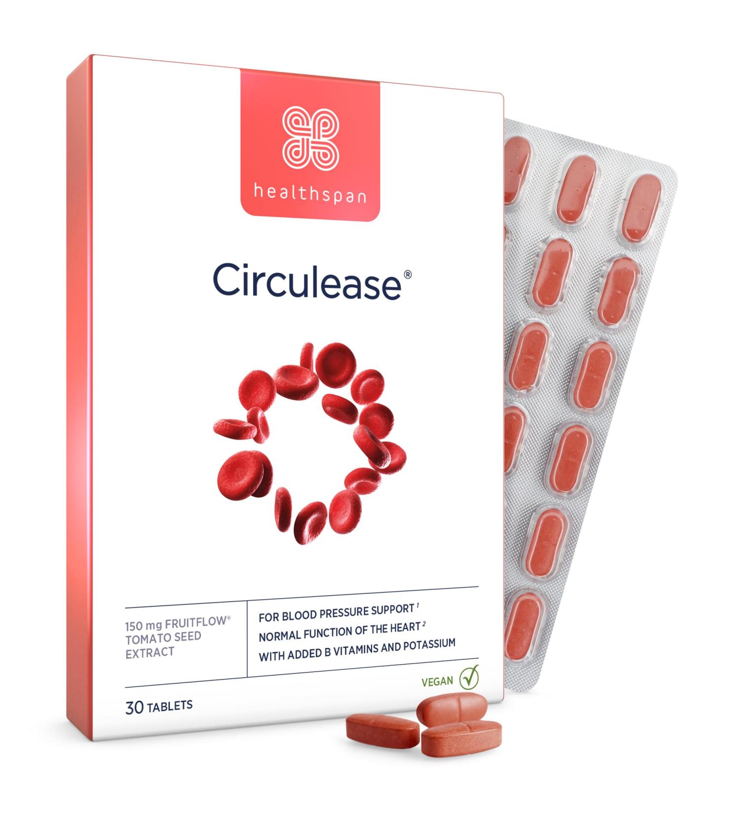 Healthspan Circulease with 150mg of Fruitflow (1 month supply) | Natural support for a healthy blood flow & cardiac function | Maintain Blood Pressure & support normal red blood cell formation | Vegan - Buy Online on GoSupps.com