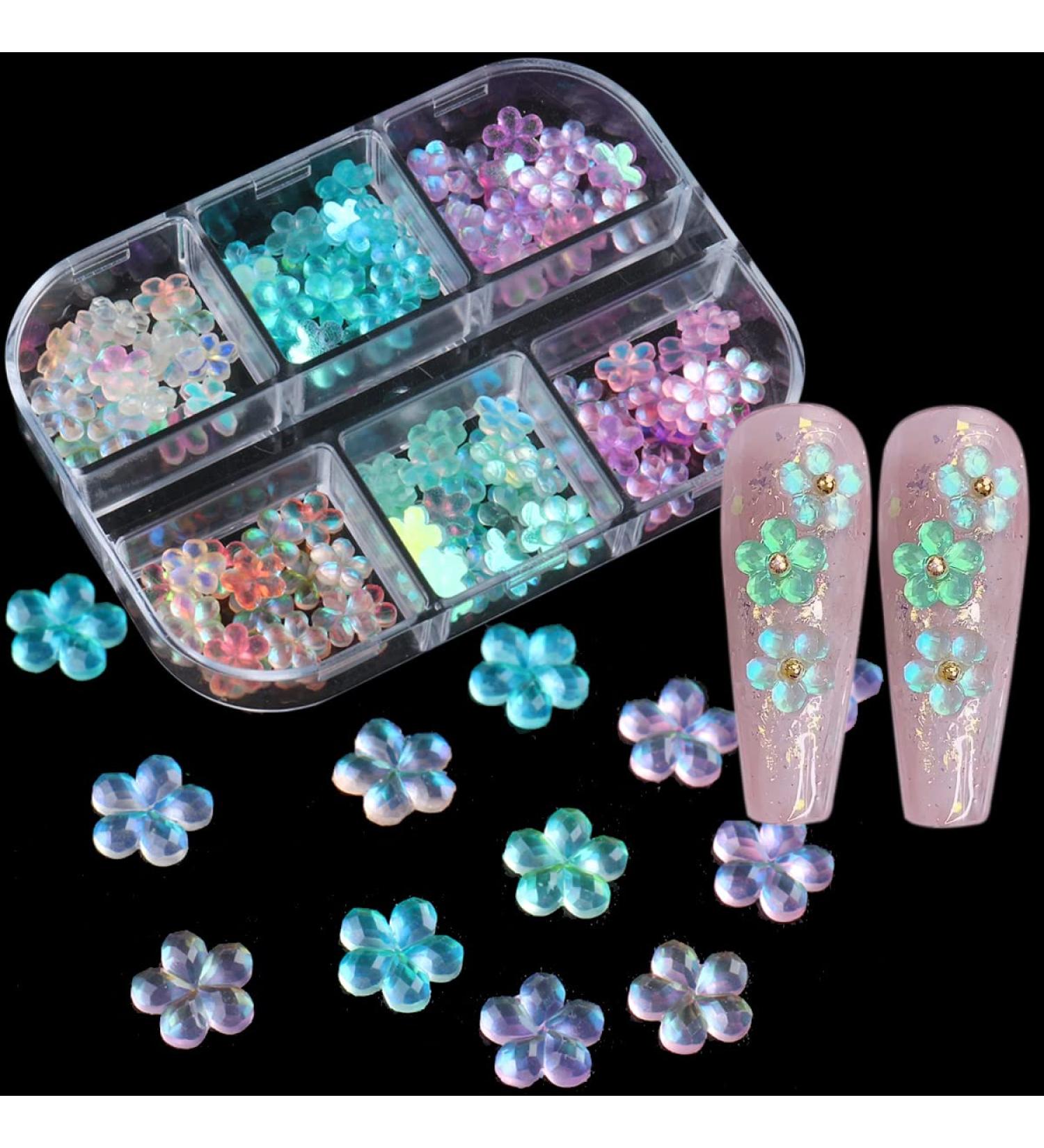 120pcs 3D Acrylic Flower Nail Charms | Mixed Size Iridescent Rhinestone Nail Art Charms | DIY Jewelry Craft Supplies - 1937-C - Buy Online on GoSupps.com