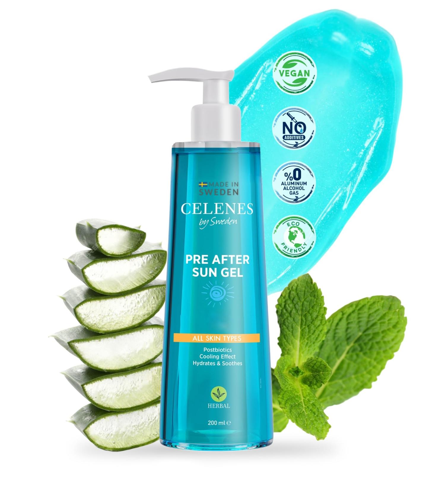 Celenes by Sweden Pre & After Sun Gel 200 ml All Skin Types - After Sun Milk in Refreshing Gel Moisturizing Soothing Postbiotic Regeneration Hydration Lasting Essential Minerals - Buy Online on GoSupps.com