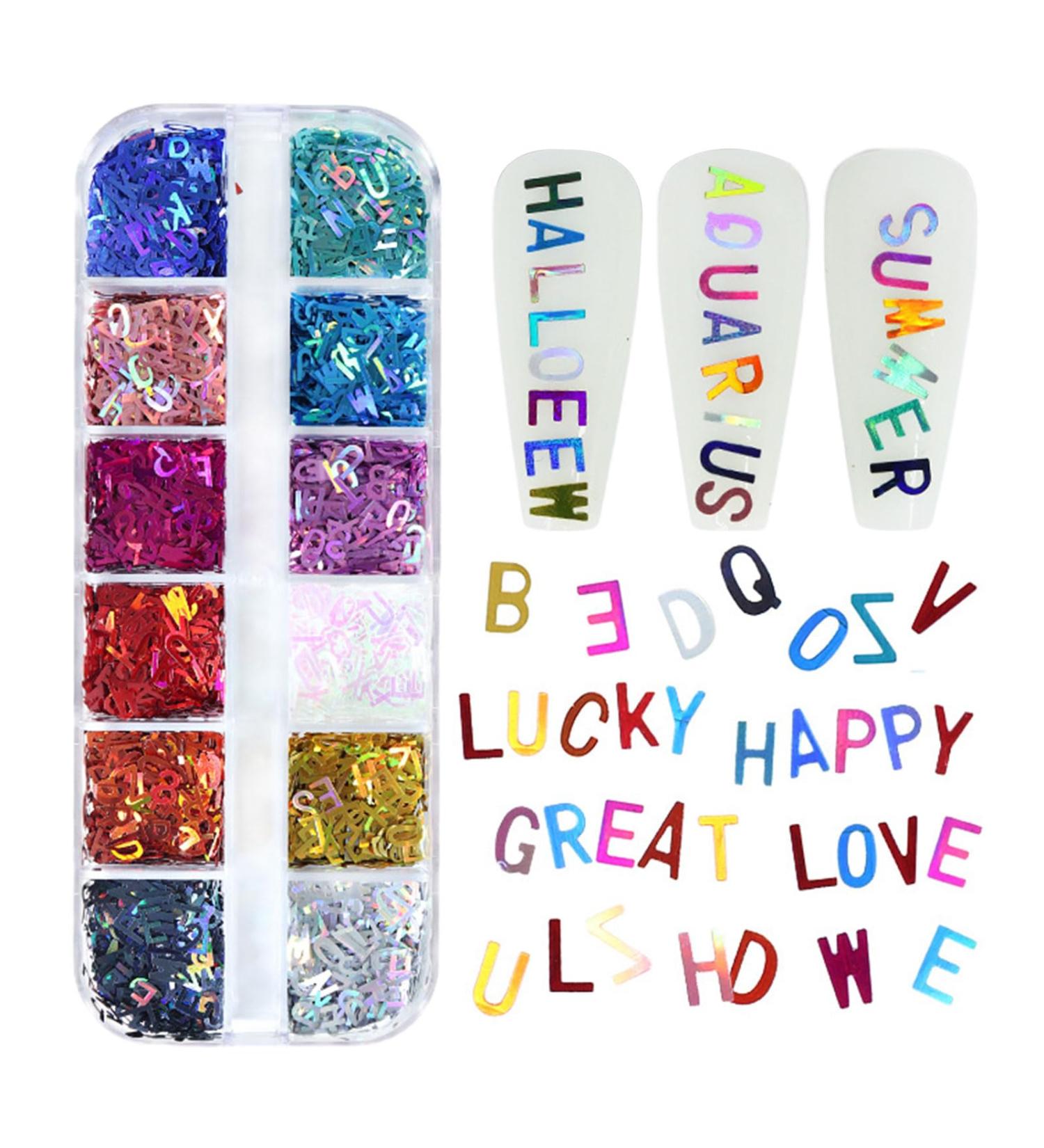 English Letter Nail Art Glitter Sequins 1Box 12Grids Iridescent Laser Alphabet Nail Flakes for Nail Art Sequins Resin Fillers Nail Glitter for Nail Art Design Decorations DIY Crafts (Colorful Letters) - Buy Online on GoSupps.com