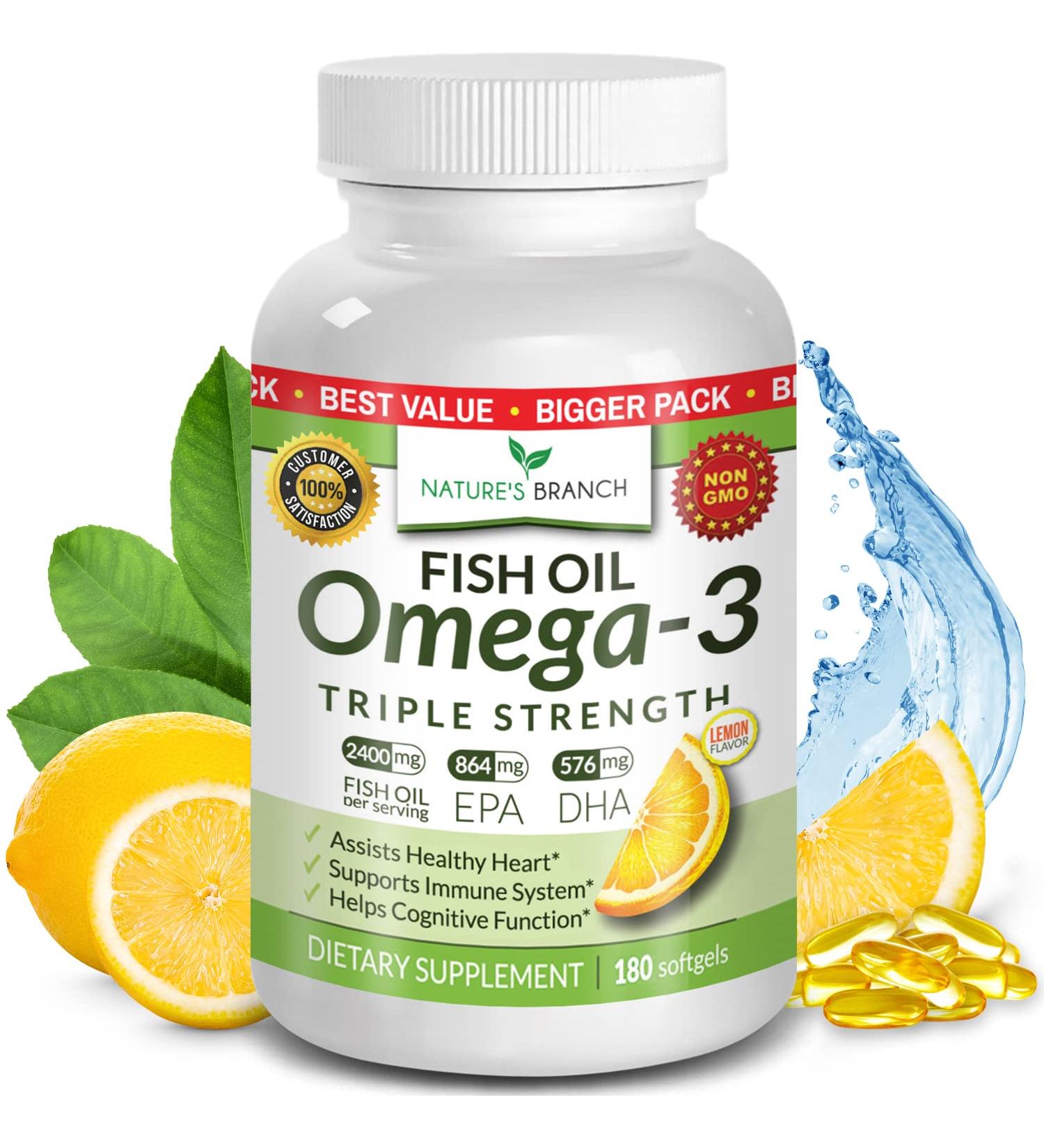 Triple Strength Omega 3 Fish Oil Pills - 180 Capsules, 2400mg High Potency, Burpless Lemon Flavor - EPA 864mg, DHA 576mg - Ultra Pure Liquid Softgels for Brain, Joints, Eyes, Heart Health - 180 Count - Buy Online on GoSupps.com