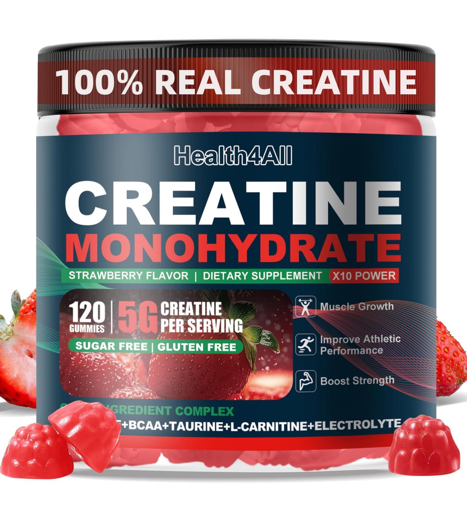 Health4All Creatine Monohydrate Gummies 5G for Men & Women Preworkout Supplement for Energy & Muscle Growth Support with Electrolyte BCAA L-Carnitine & Taurine- Strawberry 120 Gummy - Buy Online on GoSupps.com
