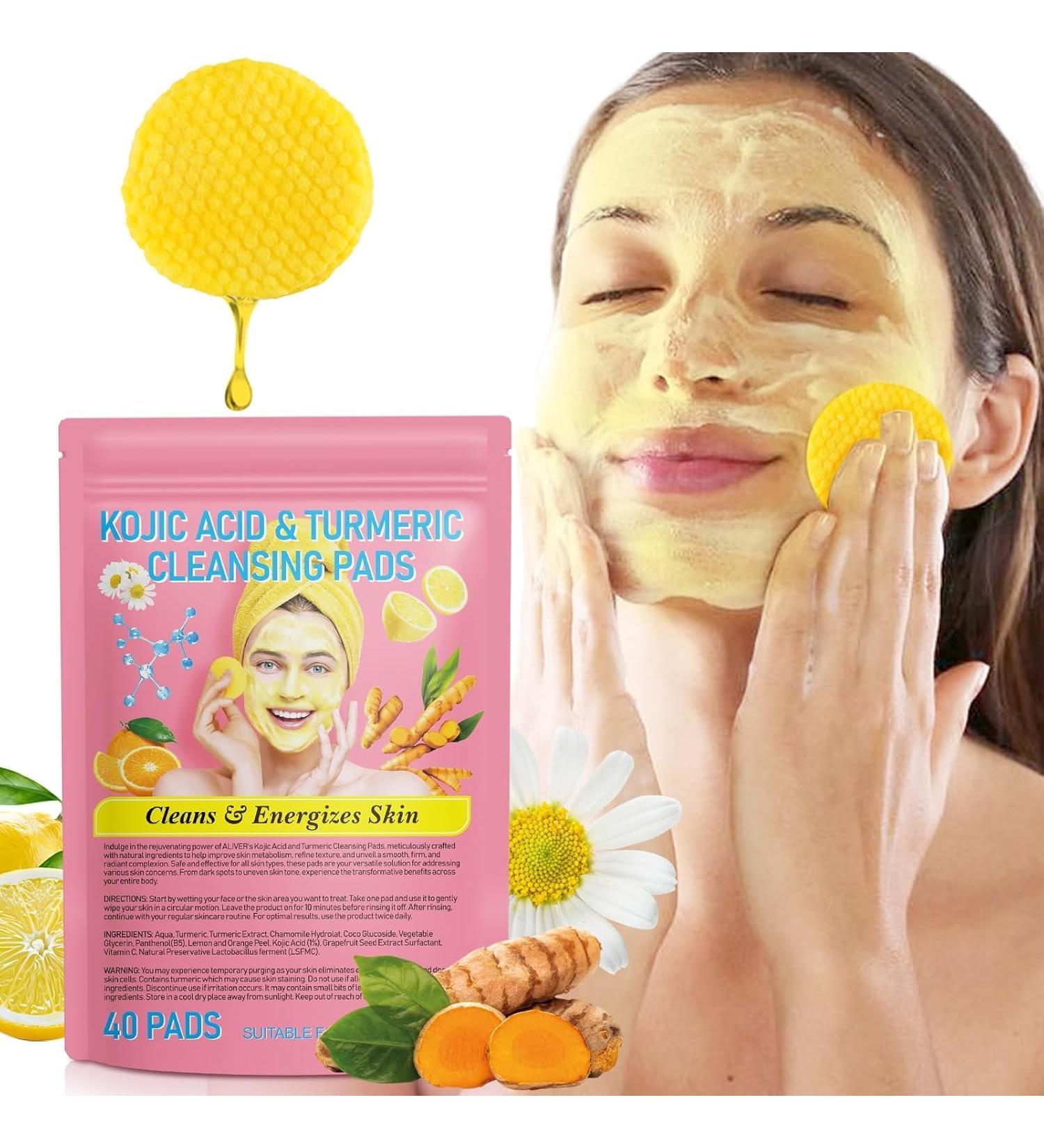 Turmeric Kojic Acid Pads Turmeric Kojic Acid Cleaning Pads Infused Foaming Exfoliating Pads Turmeric Cleaning Pads for Dark Spots Fades Dark Spots Face Sponges for Cleaning (40 Pieces) - Buy Online on GoSupps.com