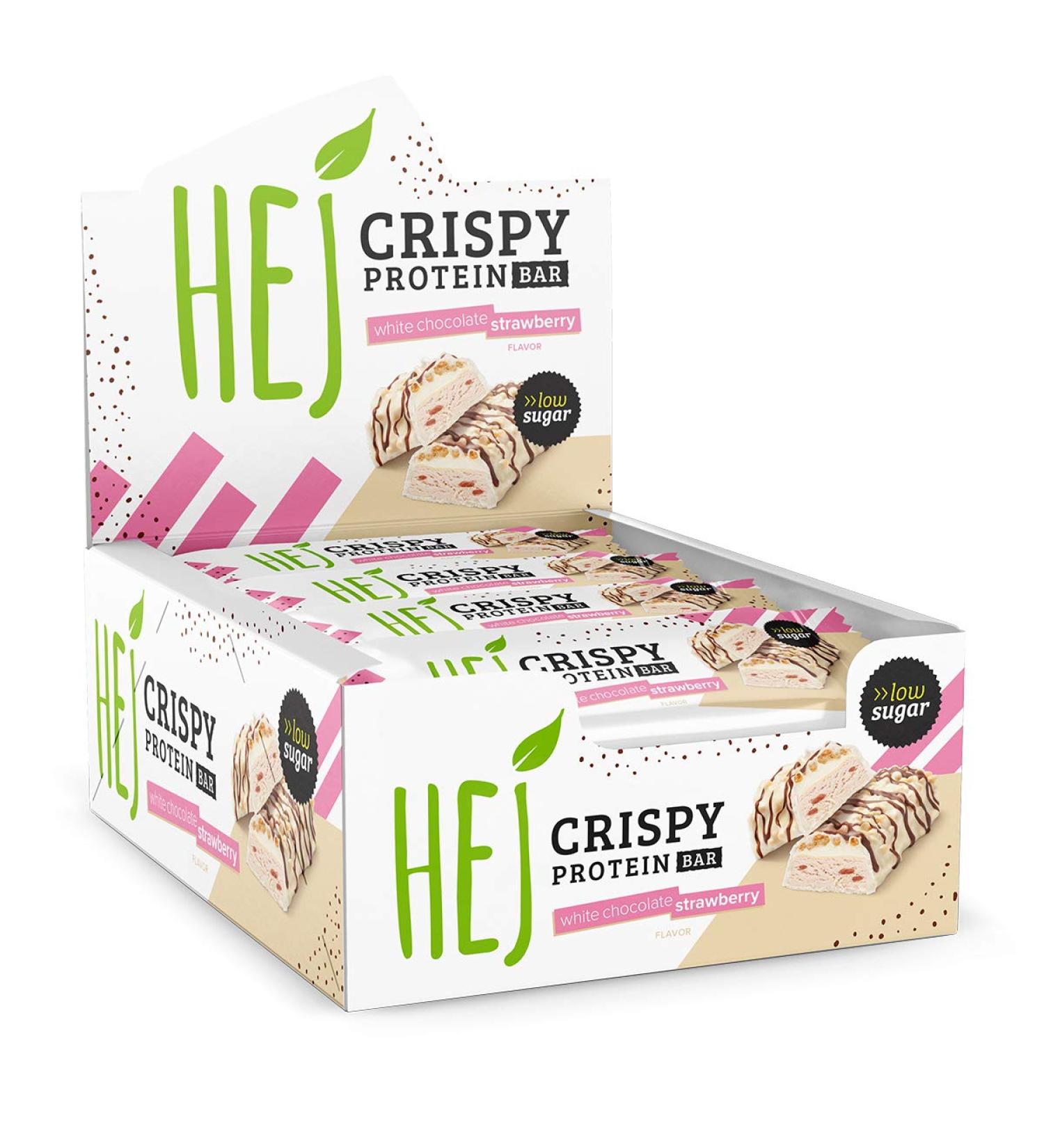 HEJ Crispy Protein Bar - Per bar 1.9g sugar - Per bar 14g protein - Flavor: White Chocolate Strawberry - 12 x 45g - Buy Online on GoSupps.com
