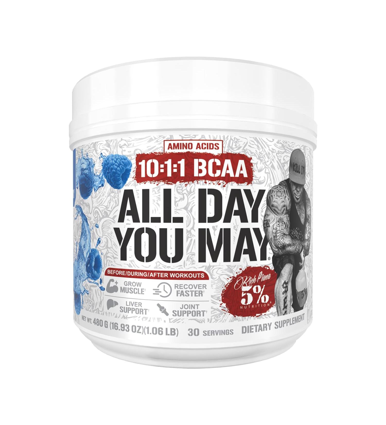 5% Nutrition Rich Piana AllDayYouMay BCAA Powder | Premium Intra & Post Workout Amino Acids EAA Electrolytes | Hydration Endurance Recovery | Vegan & Keto | 16.93 oz 30 Srvgs (Blue Raspberry) - Buy Online on GoSupps.com