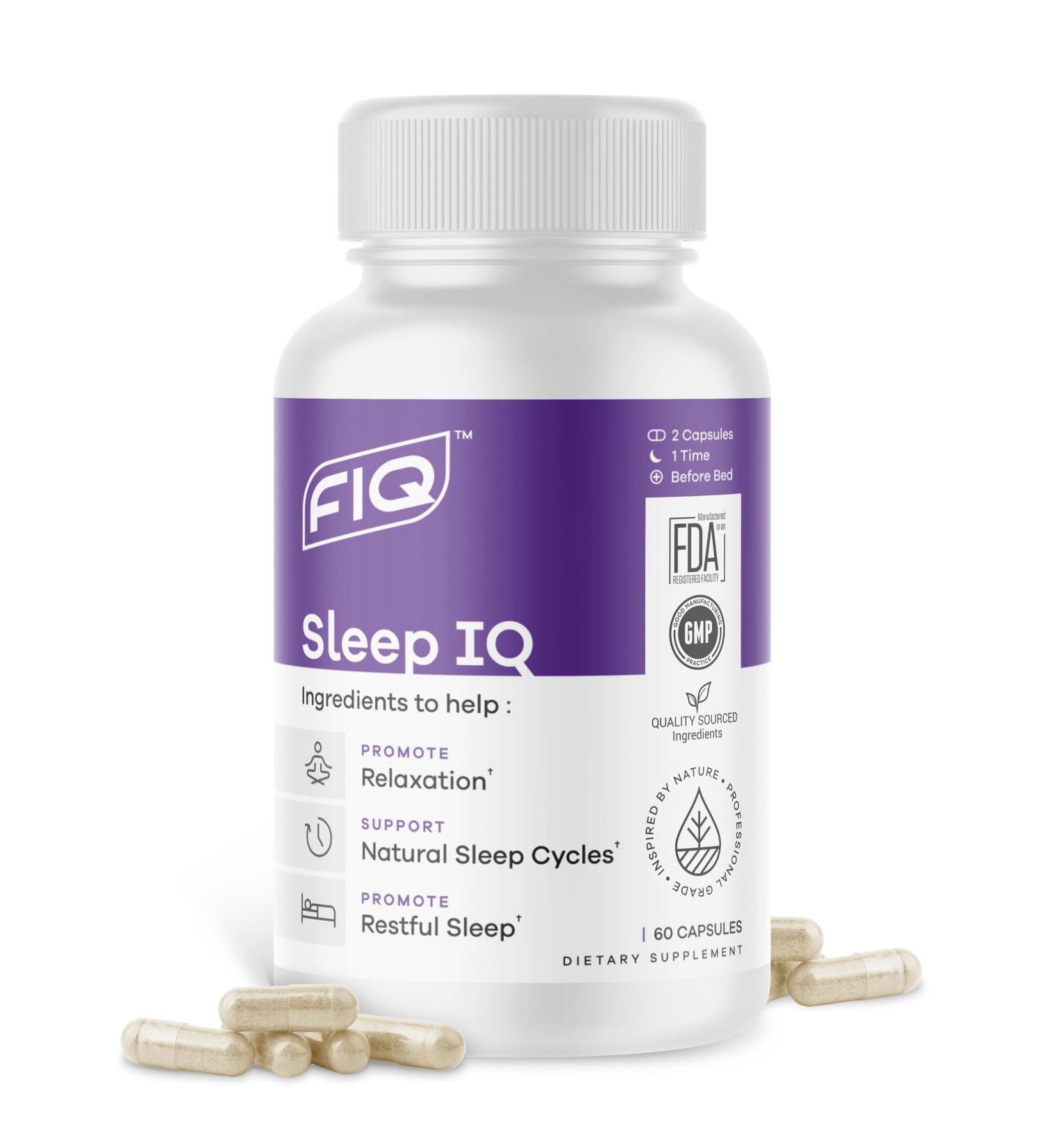 FIQ - Sleep IQ - Sleep Aid - Magnesium Supplement with 5 mg Melatonin Lemon Balm & Valerian Root - 60 Capsules - Buy Online on GoSupps.com