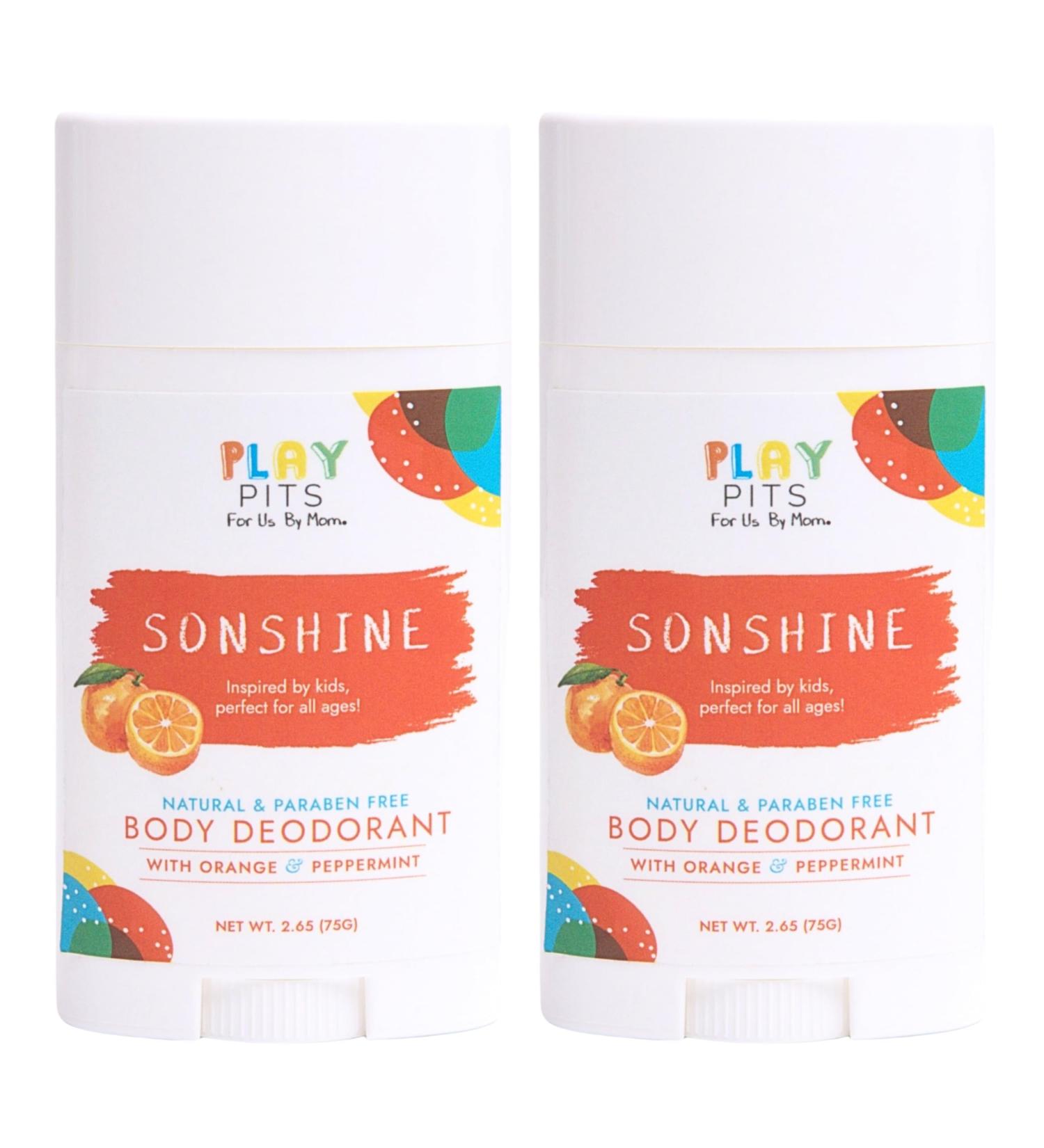 PLAY PITS - Natural Kids Whole Body Deodorant - Safe for Girls & Boys w/Sensitive Skin of All Ages - Clean Non-Toxic & Paraben Free - SONSHINE Scent - Infused w/Essential Oils 2.65 Oz Sonshine 2.65 Ounce (Pack of 2) - Buy Online on GoSupps.com
