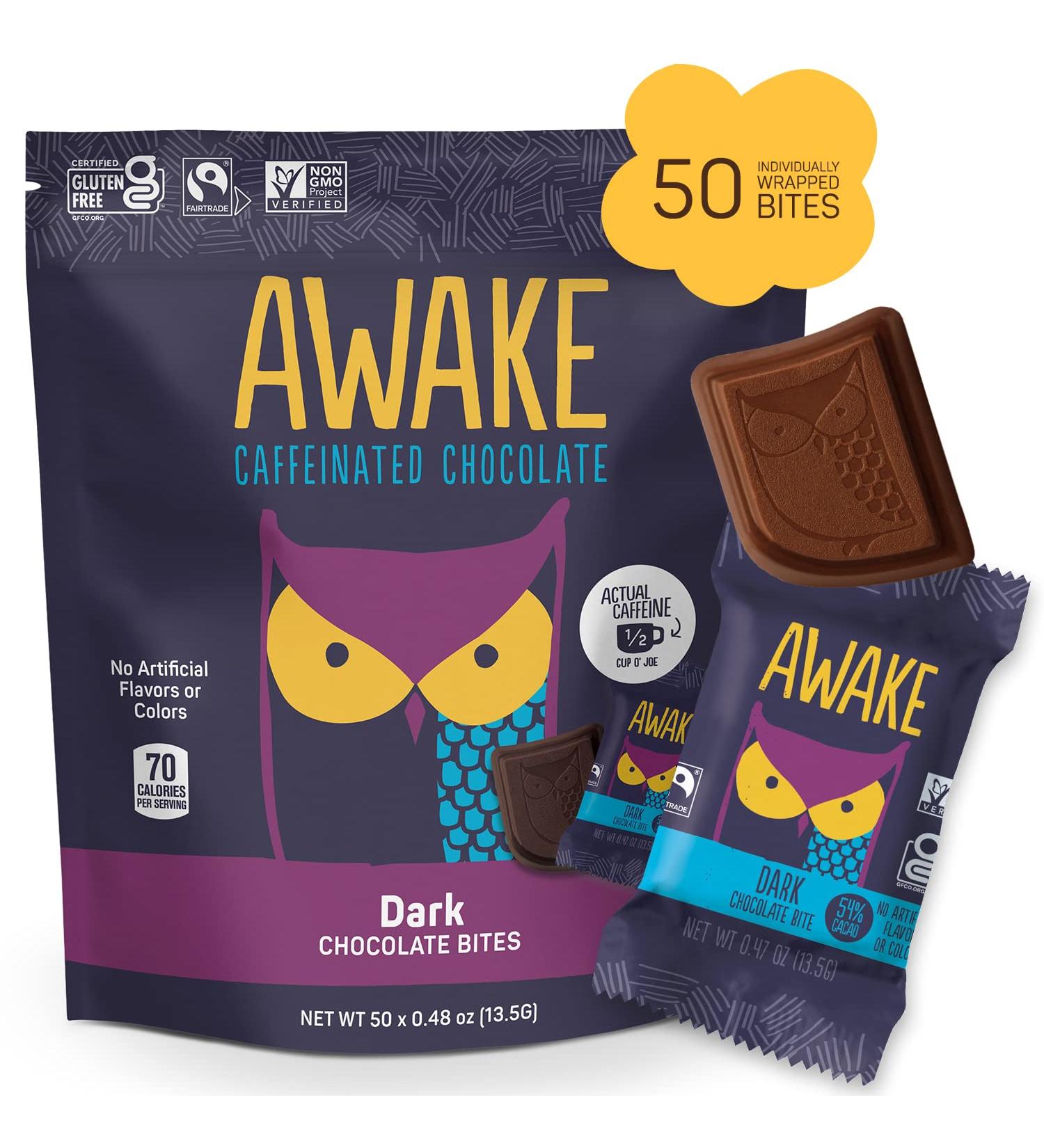 AWAKE Caffeinated Chocolate - Dark Chocolate - Pack of 50 - 0.48 Oz. - Buy Online on GoSupps.com