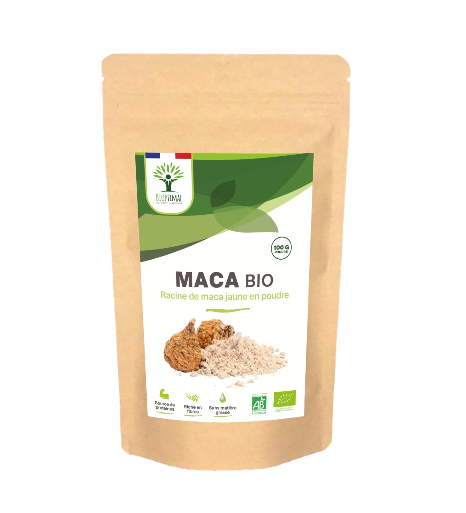 Maca Bio - Bioptimal - En Poudre - Racine de Maca Jaune du P rou - Energie Libido Sexualit Fertilit Homme Femme - Qualit Premium - 100% Pur - Conditionn en France - Certifi Ecocert - 100 g 100 g (Lot de 1) - Buy Online on GoSupps.com