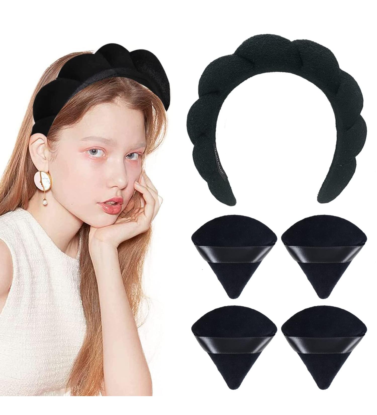 Spa Headband for Women with Triangle Powder Puff, Terry Cloth Fabric Hair Band - Black | Versatile Headband for Makeup, Skincare, Shower - Buy Online on GoSupps.com