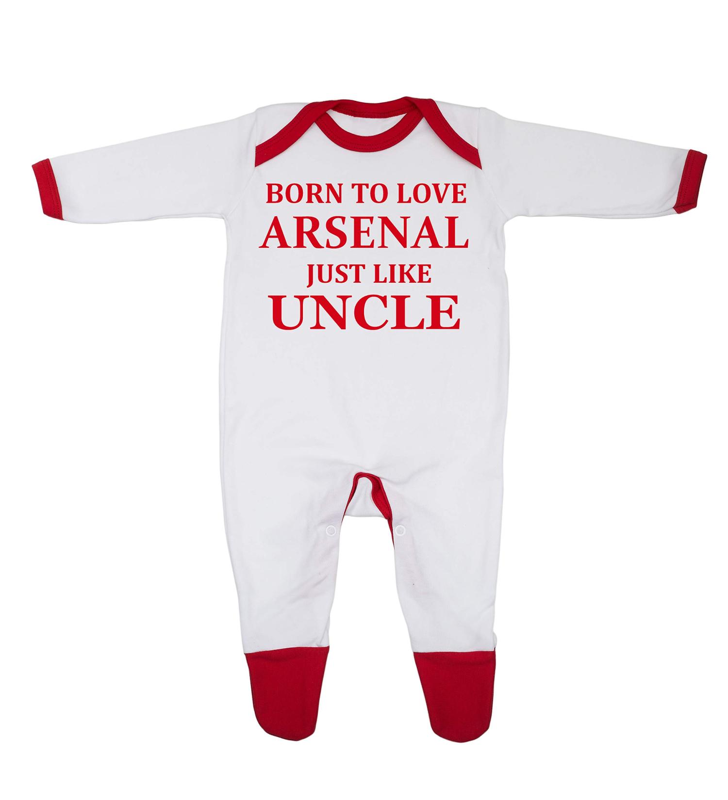 'Born To Love Arsenal Just Like Uncle' Baby Boy Girl Sleepsuit Made in the UK Using 100% Fine Combed Cotton 12-18 Months White/Red Trim