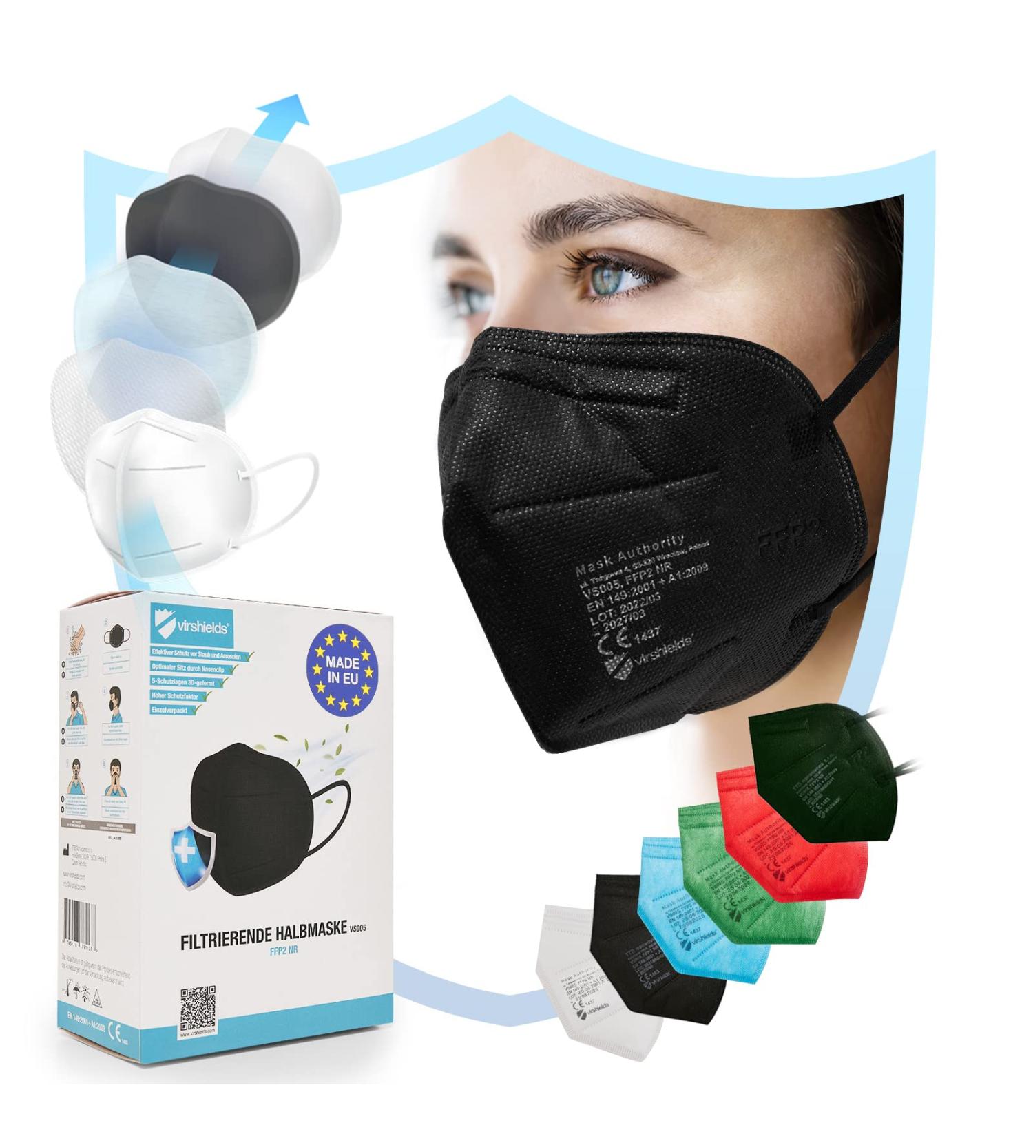 Buy Virshields FFP2 Mundsprung Mask - 94% PFE 99.99% VFE 5-Layer Protection EN 149 Certified Available in Black - 20 Pack for International Shipping - Buy Online on GoSupps.com