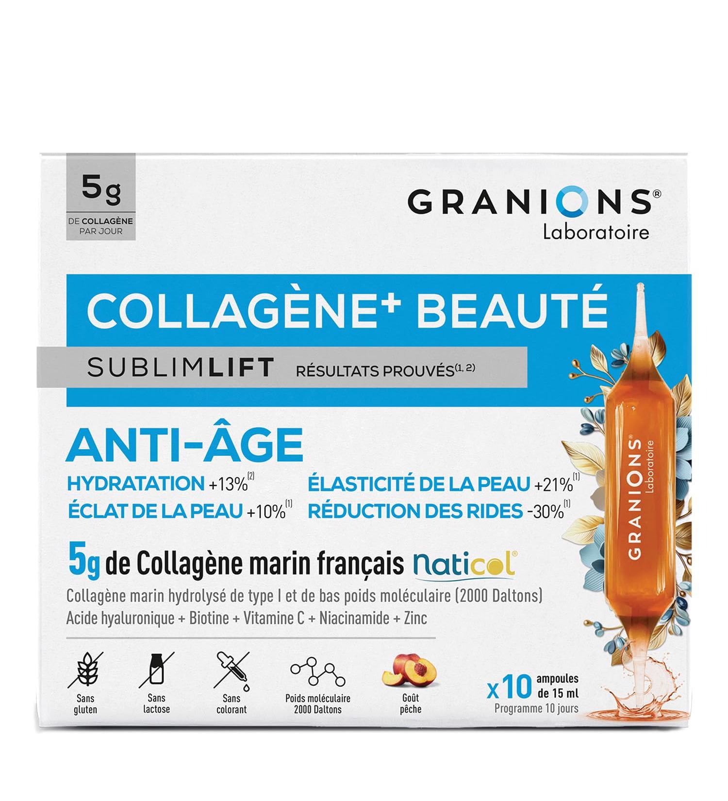 Marine Collagene Ampoule + Beauty Sublimlift GRANIONS - 5 g Marine Collagene/J - Hyaluronic Acid Vitamin C Zinc Biotin - Collagen and Hyaluronic Acid - Anti Wrinkle - Anti-Aging - 10 Ampoules 15 ml - Buy Online on GoSupps.com