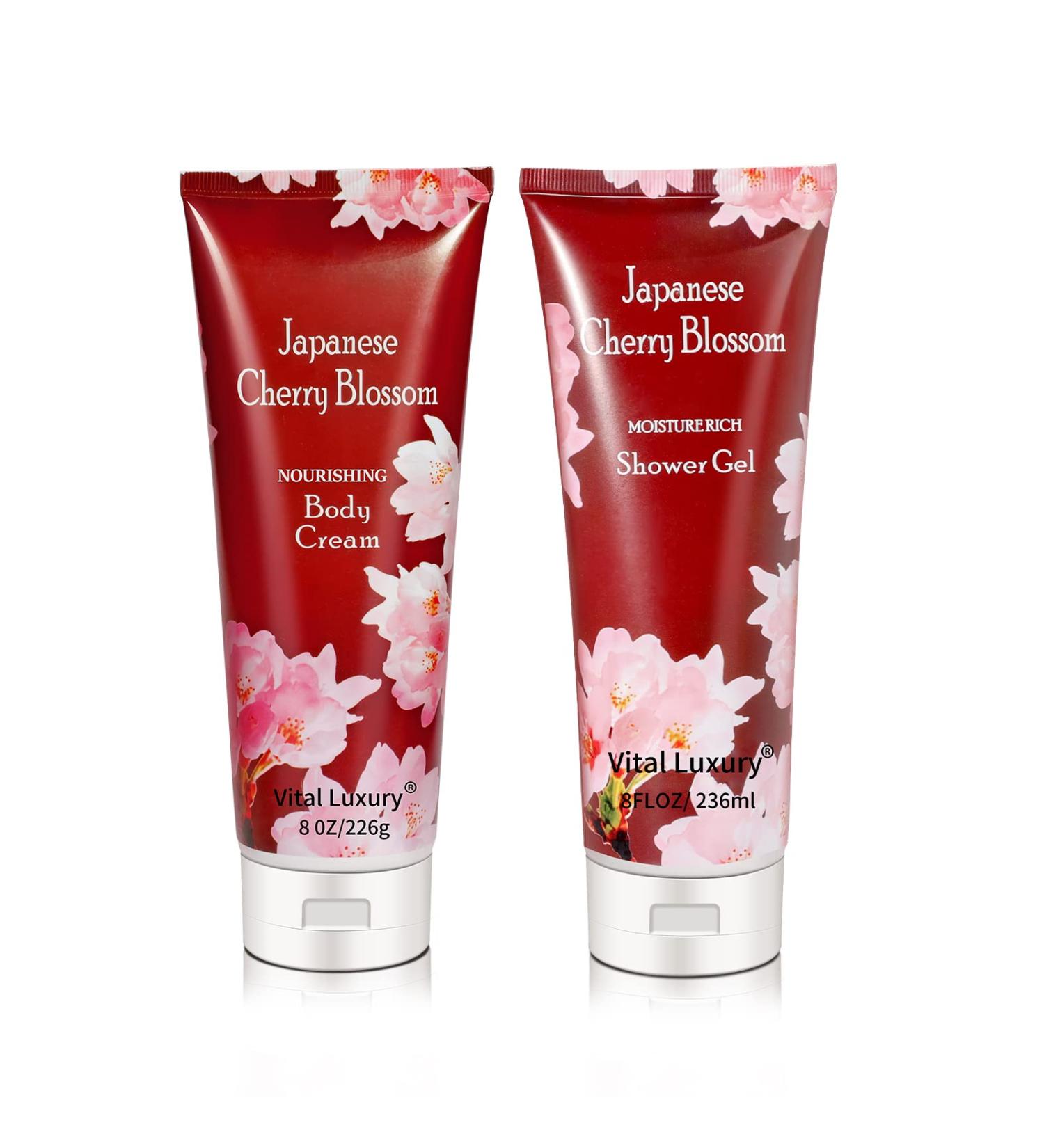 Japanese Cherry Blossom Scented Organic Shower Gel & Body Cream Gift Set - 8 FL OZ - Moisturizing Travel Essentials for Men and Women - Buy Online on GoSupps.com