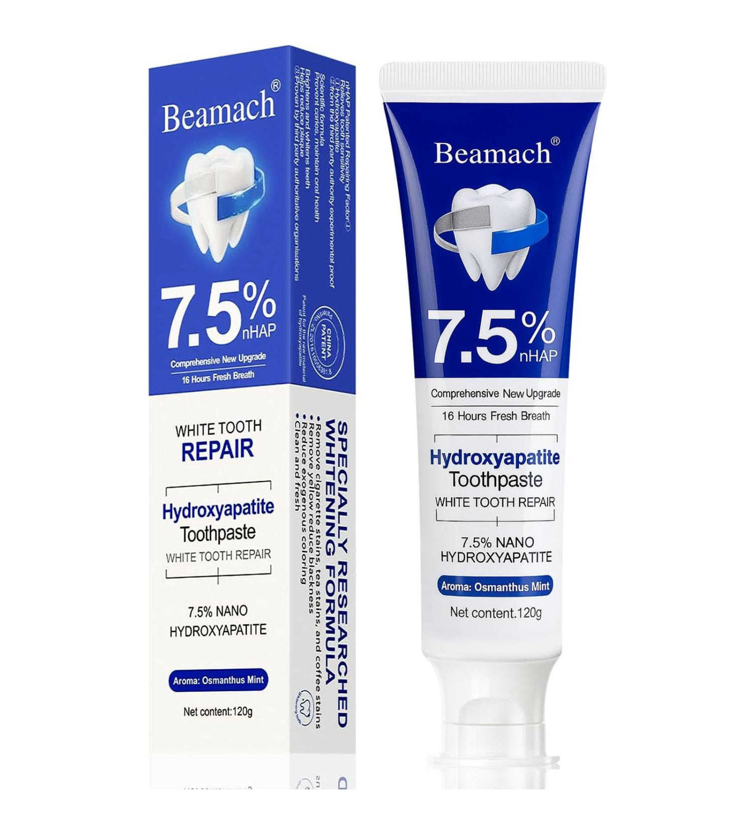 Beamach Hydroxyapatite Toothpaste - Fluoride-Free Nano Hydroxyapatite Toothpaste 7.5 | Enamel Repair | Breath Freshening | Mild Mint | Appropriate for Sensitive Teeth 4.23oz (1) - Buy Online on GoSupps.com