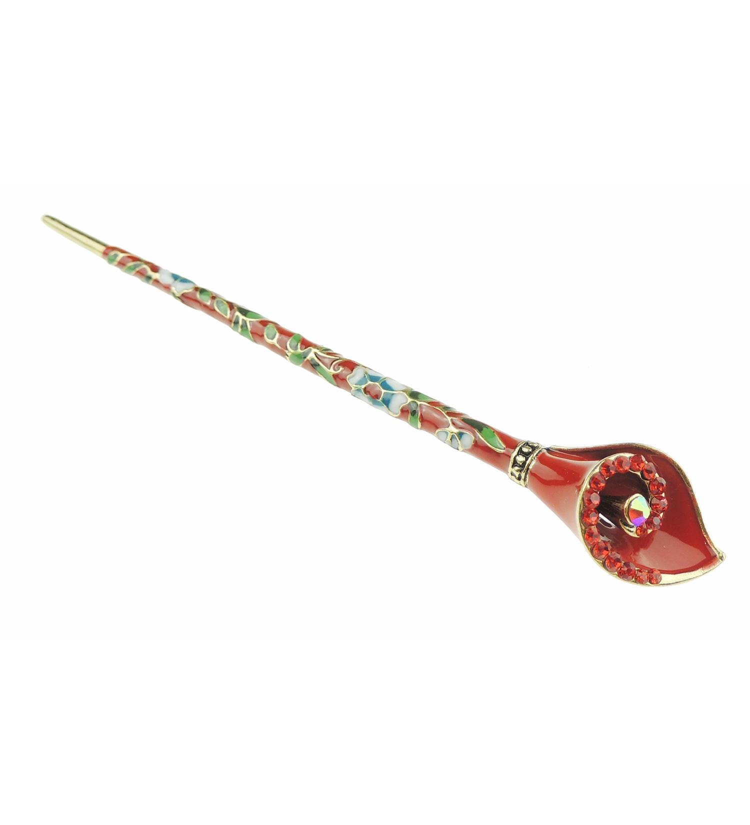 Painted Enamel Crystal Trim Floral Hair Stick Pin Calla Lily (Red)