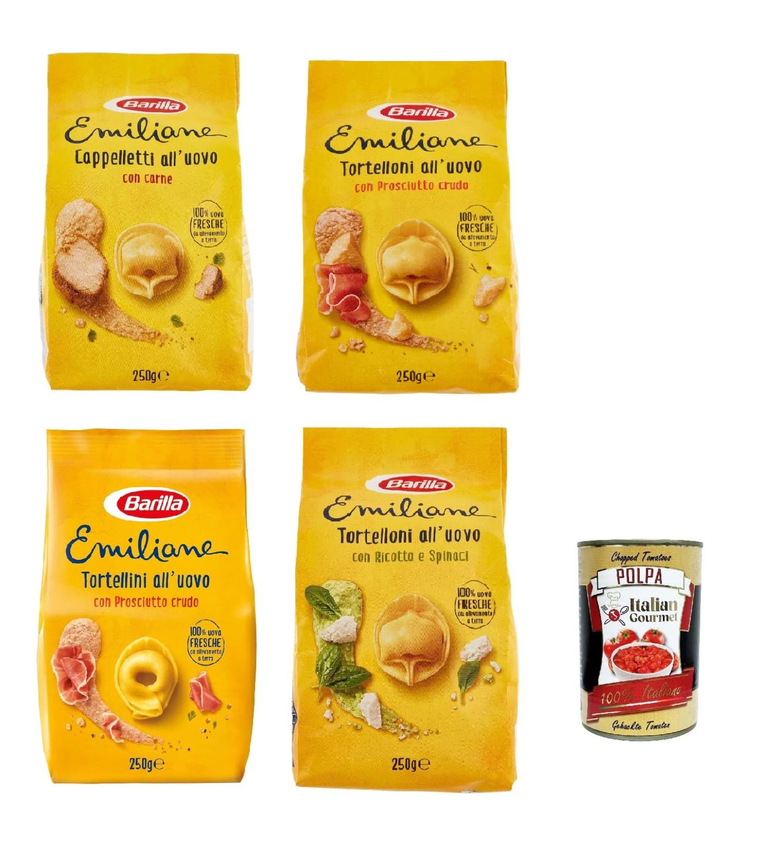  Italian Gourmet E.R. Barilla Pasta Le Emiliane Pack of 4 egg-filled pasta with 100% fresh Italian eggs ideal in broth or sauce 4 x 250g + gourmet Italian polpa 400g - Buy Online on GoSupps.com