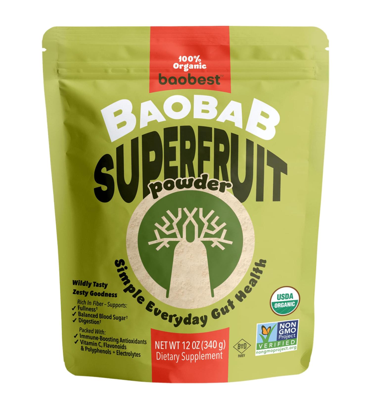 Baobest Organic Baobab Fruit Powder Raw Superfood with Vitamin C and Prebiotic Fiber for Immune Support and Gut Health Gluten-Free GLP-1 Support - 12 Ounce Bag - Buy Online on GoSupps.com