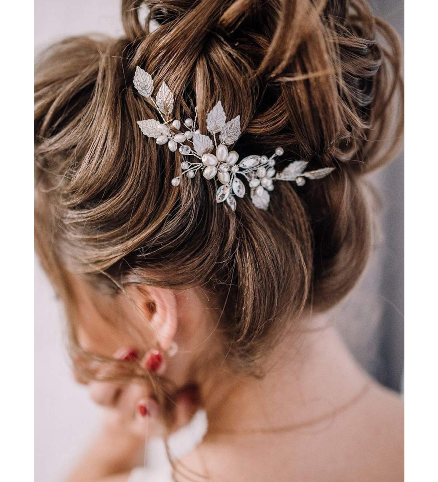 BERYUAN Women Rhinestone Crystal Hair Vine Piece Silver Leaf Pearl Flower Hair Comb Clip Wedding Hair Accessory Gift For Her Party Headpiece(Silver) - Buy Online on GoSupps.com