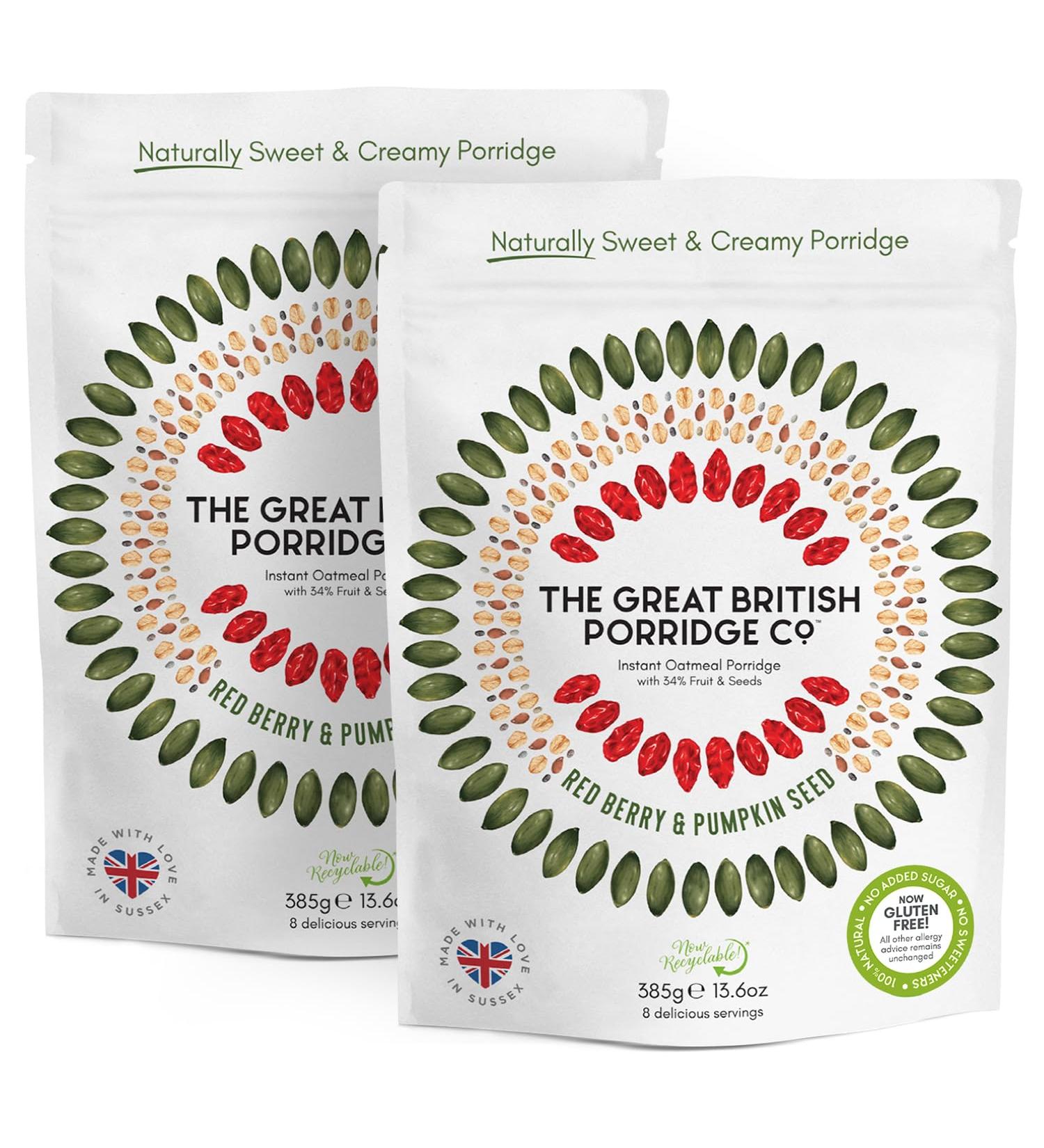 Red Berry & Pumpkin Seed Gluten-Free Instant Oatmeal Porridge from The Great British Porridge Co - Naturally Sweet & Creamy Porridge Oats - 2 x 385g Pouch - 100% Natural Plant Based High Fibre - Buy Online on GoSupps.com