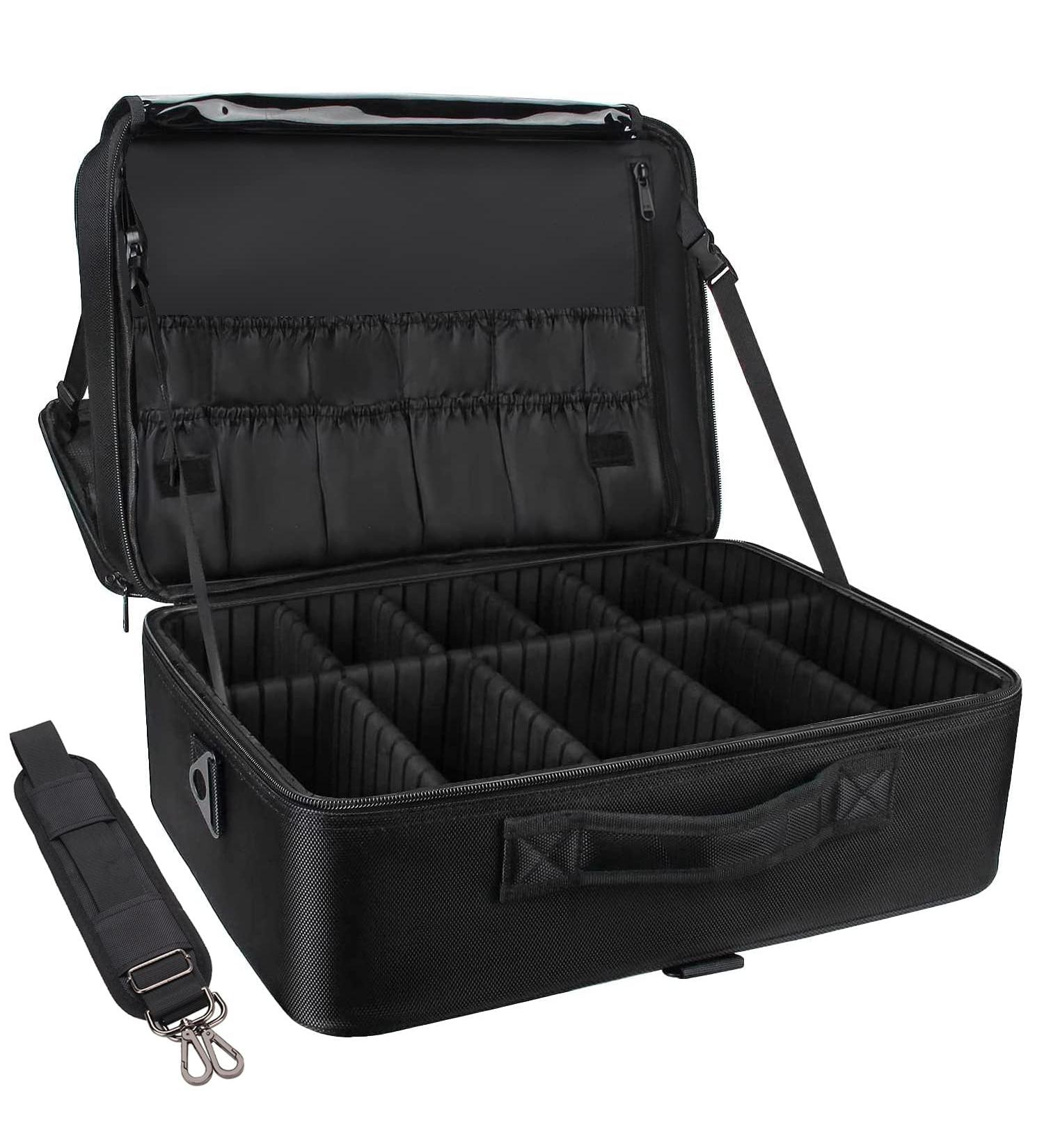 Relavel Extra Large Black Makeup Case Professional Artist Bag with Adjustable Dividers and Shoulder Strap Portable Travel Organizer for Beauty and Nail Supplies