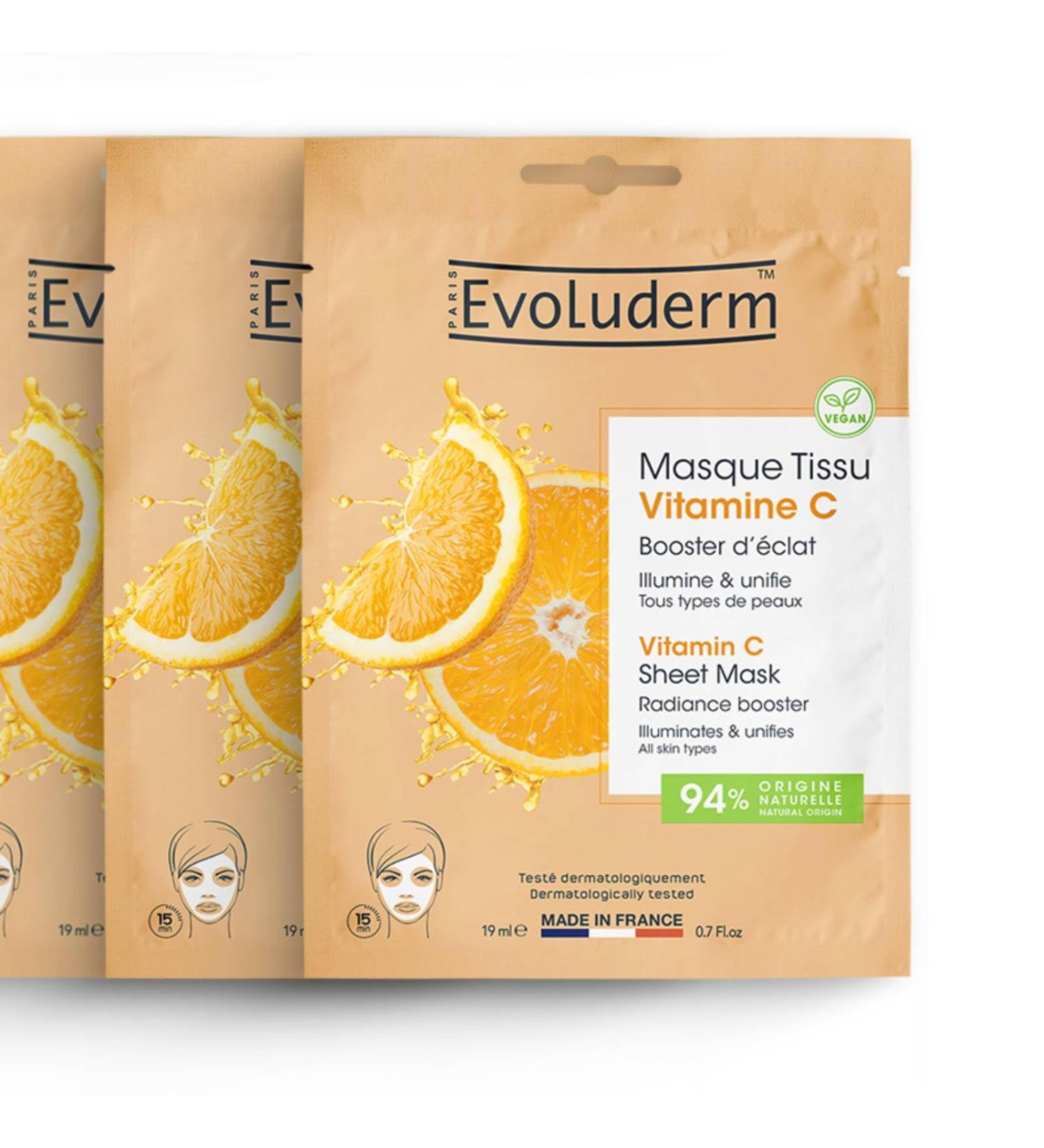 EVOLUDERM Vitamin C Radiance Booster Tissue Mask 19 ml 94% Natural Origin Vegan Made in France Pack of 3 x 19 ml - Buy Online on GoSupps.com