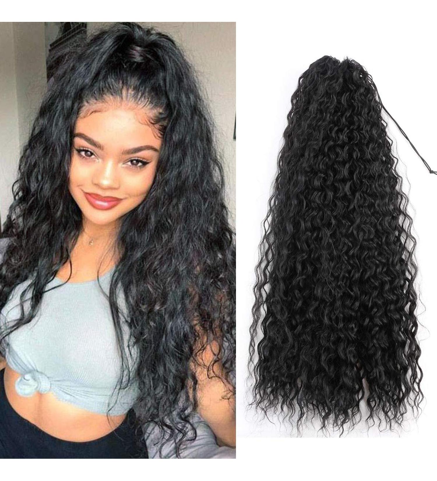 30 Corn Curly Wave Drawstring Ponytail in Black - 30 Inch Synthetic High Puff Ponytail Hair Piece with Comb Clip | Wavy Clip-In Extensions - Buy Online on GoSupps.com