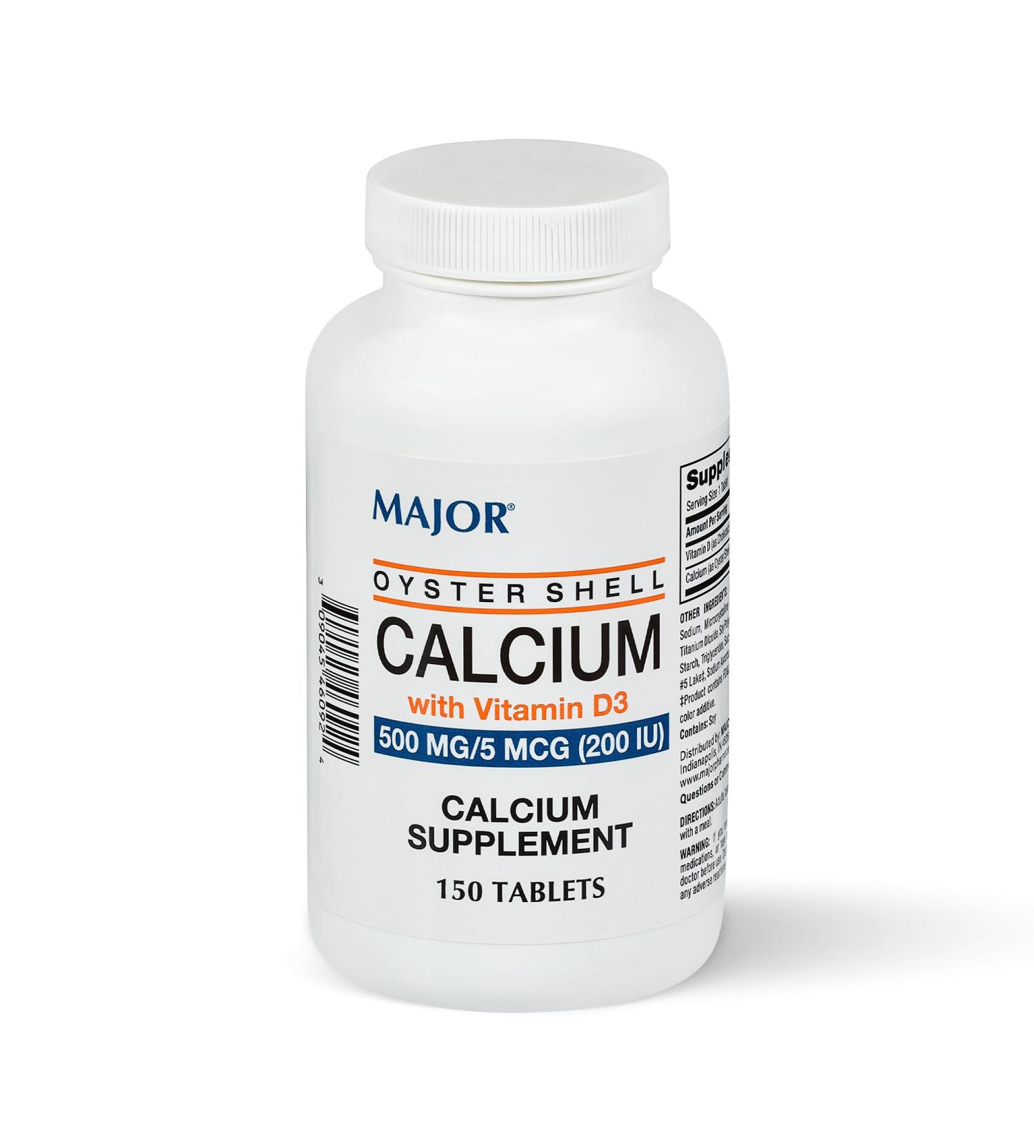 MAJOR Oyster Shell Calcium 500mg Tablets with Vitamin D3 200IU (5 mcg) - Gluten-Free Daily Vitamin D Dietary Supplement for Bone Health and Calcium Absorption 150 Count - Buy Online on GoSupps.com