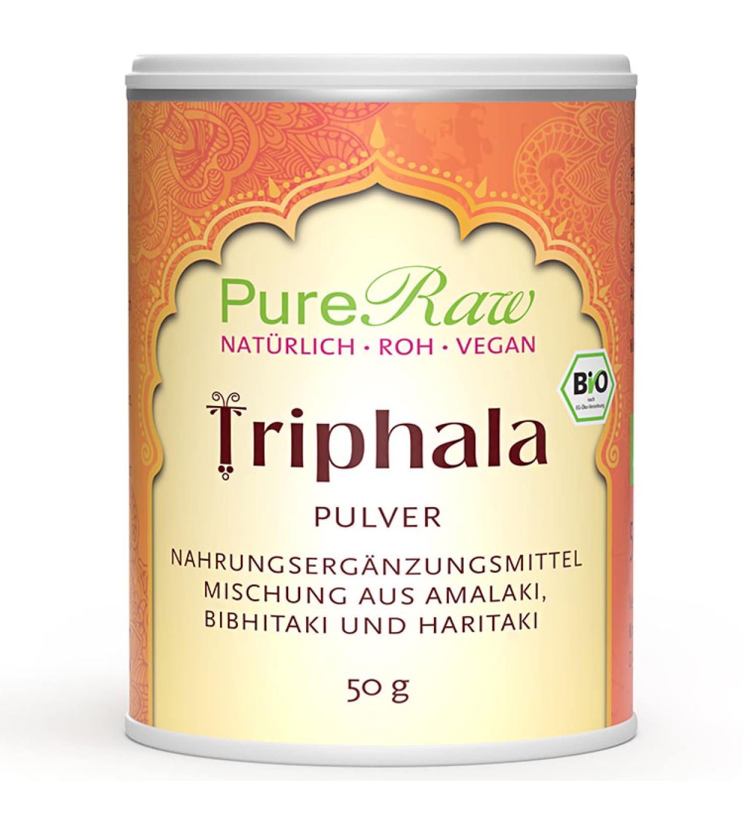 Organic Triphala Powder - Raw Vegan Ayurvedic Blend | 50g Amalaki Haritaki & Bibhitaki | Pureeraw - Indian Spices for Ayurveda Nutrition - Buy Online on GoSupps.com