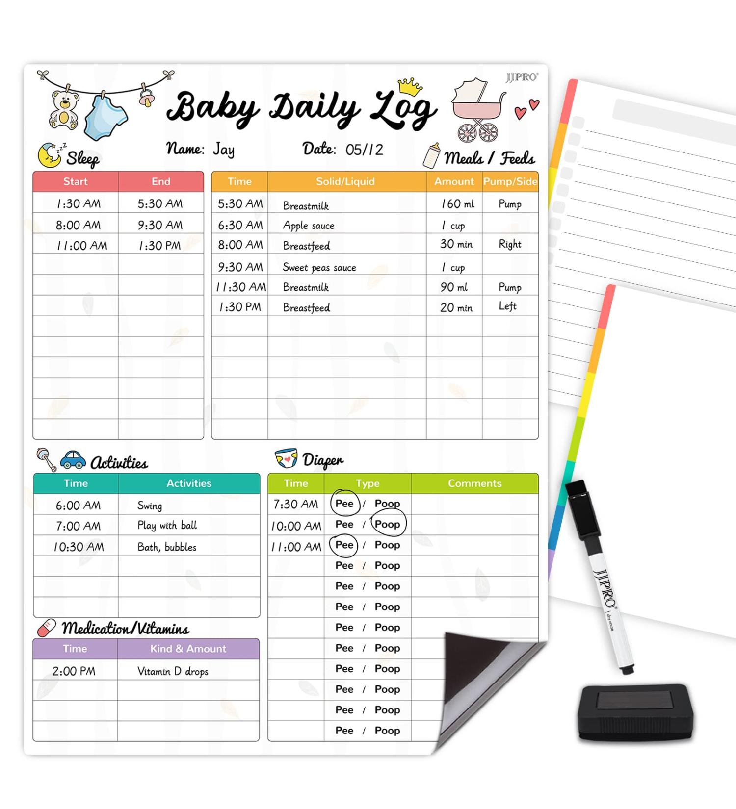 Newborn Baby & Toddler Log Tracker Whiteboard - Reusable Daily Planner for Feeding, Sleep, Diaper Changes & Activities - Buy Online on GoSupps.com