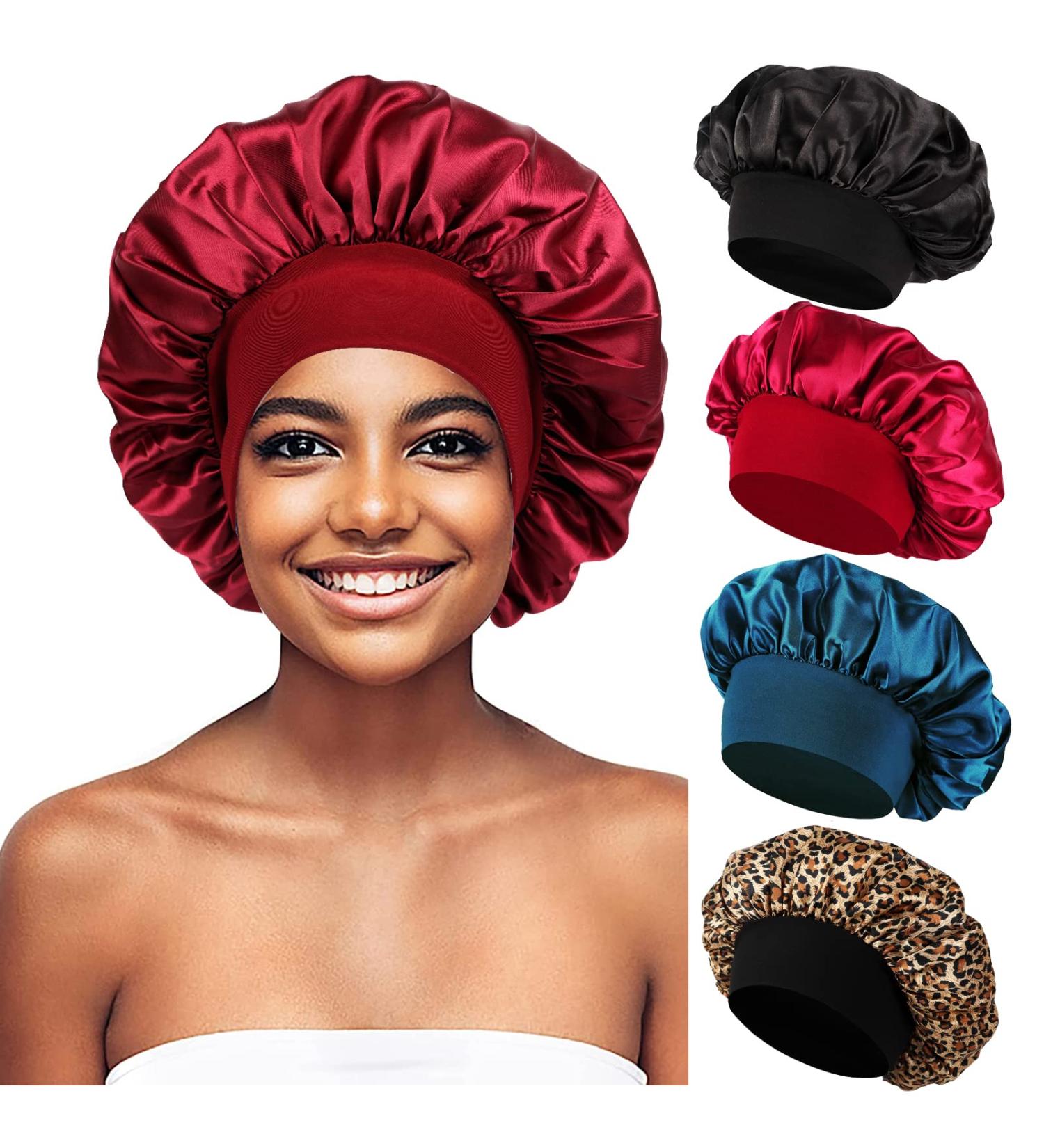 Himoswis Satin Bonnet for Sleeping - 4 Pack Hair Bonnets for Black Women - Satin Sleep Cap for Curly Hair - A4 Black Burgundy Teal Leopard - Buy Online on GoSupps.com