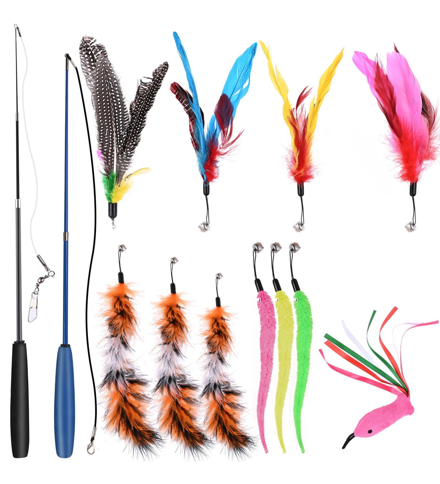 Goldge Cat Toys - Feather Retractable Fishing Rod with 12 Refills | Interactive Play for Indoor Cats & Kittens - Buy Online on GoSupps.com