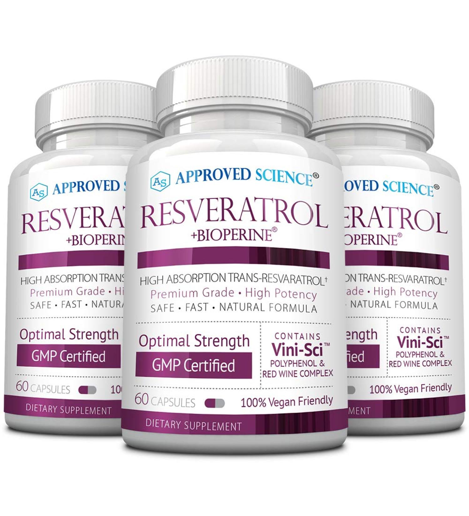 Approved Science Resveratrol - 1000 mg of Trans Resveratrol - 250 mg of Polyphenol - 98% Purity Level - Includes Bioperine - 180 Vegan Friendly Capsules per Bottle- 1 Bottle - Buy Online on GoSupps.com