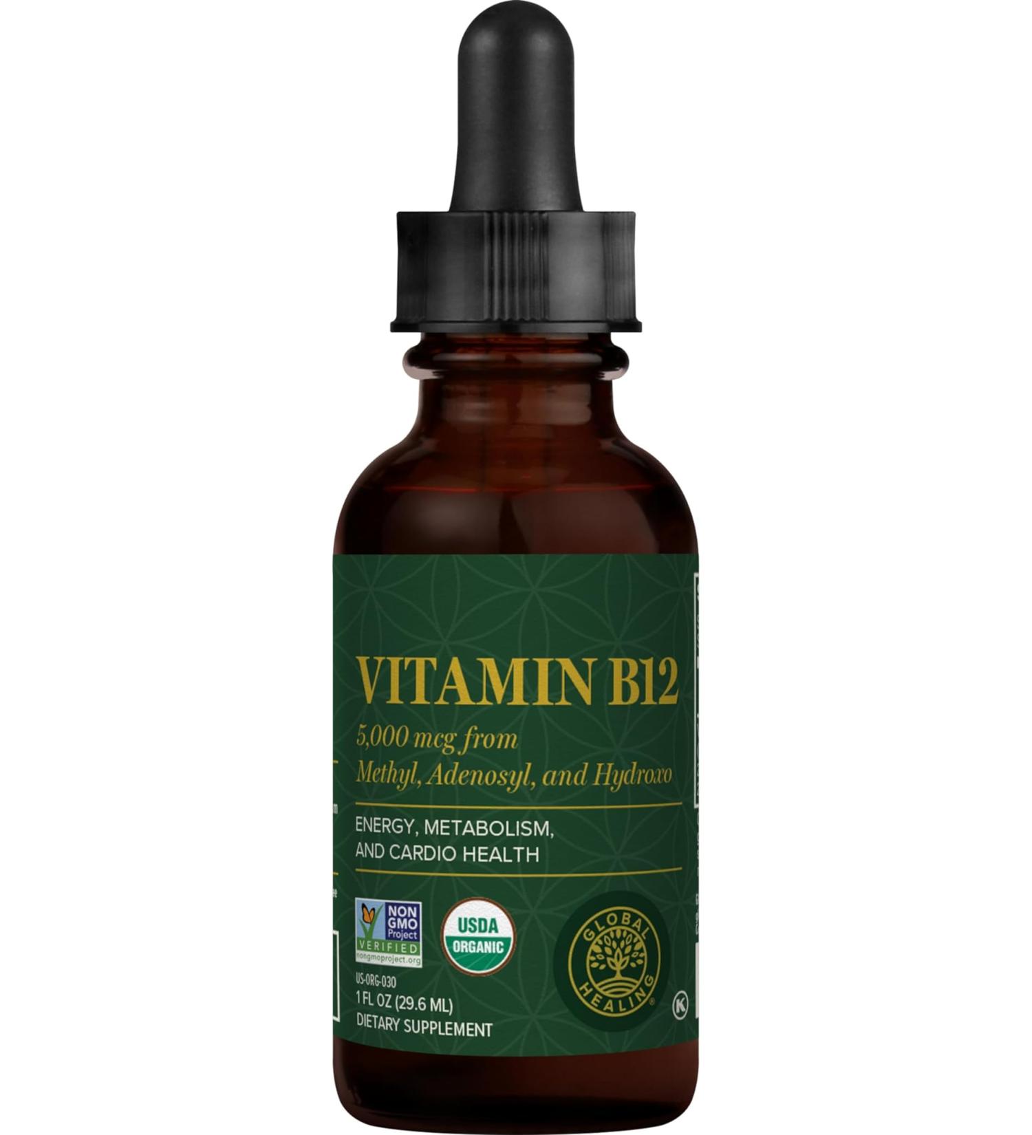 Global Healing Vitamin B12 Tri-Blend 5000 mcg Organic Sublingual Liquid Drops | Long-Lasting Energy & Heart Health | Methylcobalamin & Adenosylcobalamin & Hydroxo Blend (1 Oz) - Buy Online on GoSupps.com